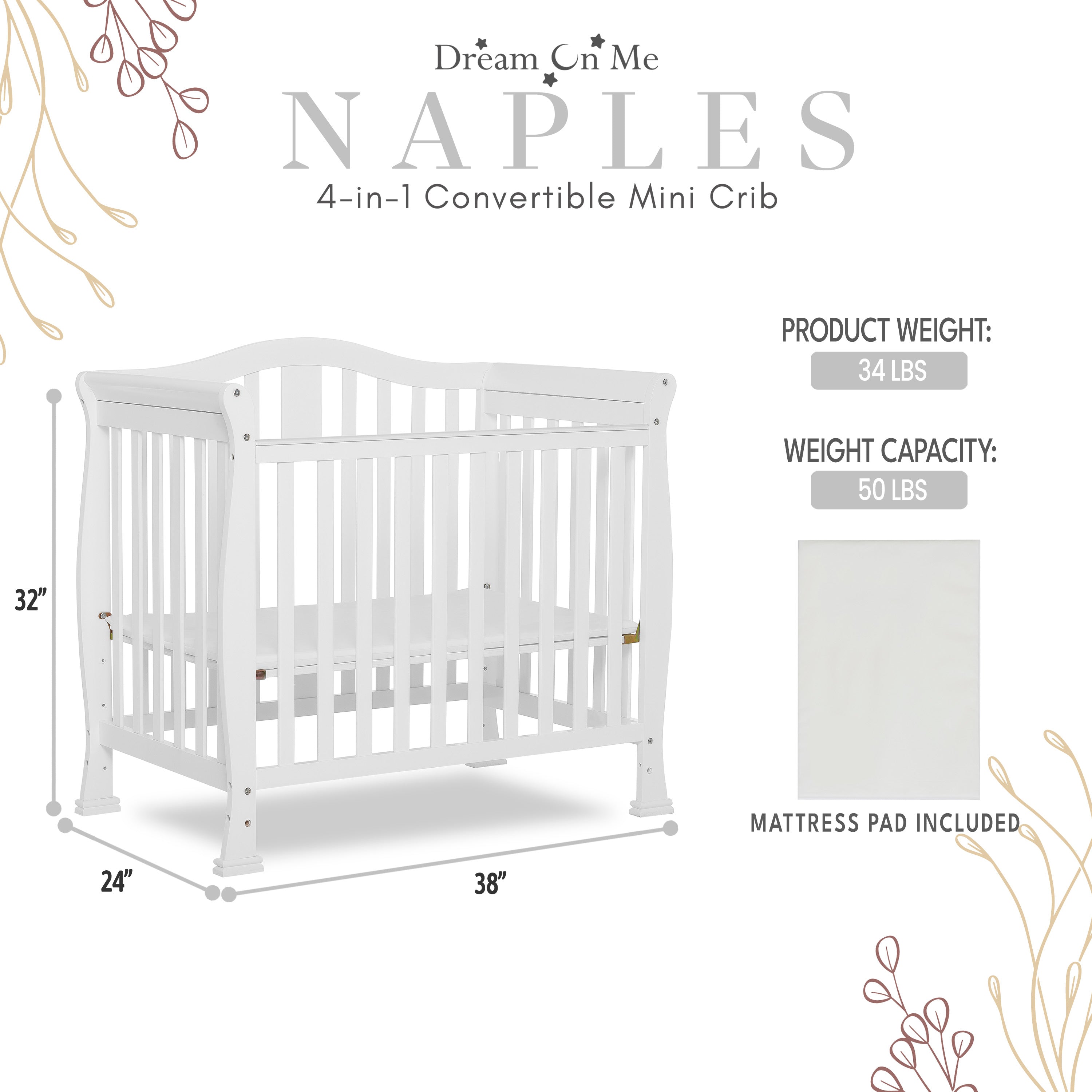Dream On Me Naples 4-in-1 Convertible Mini Crib