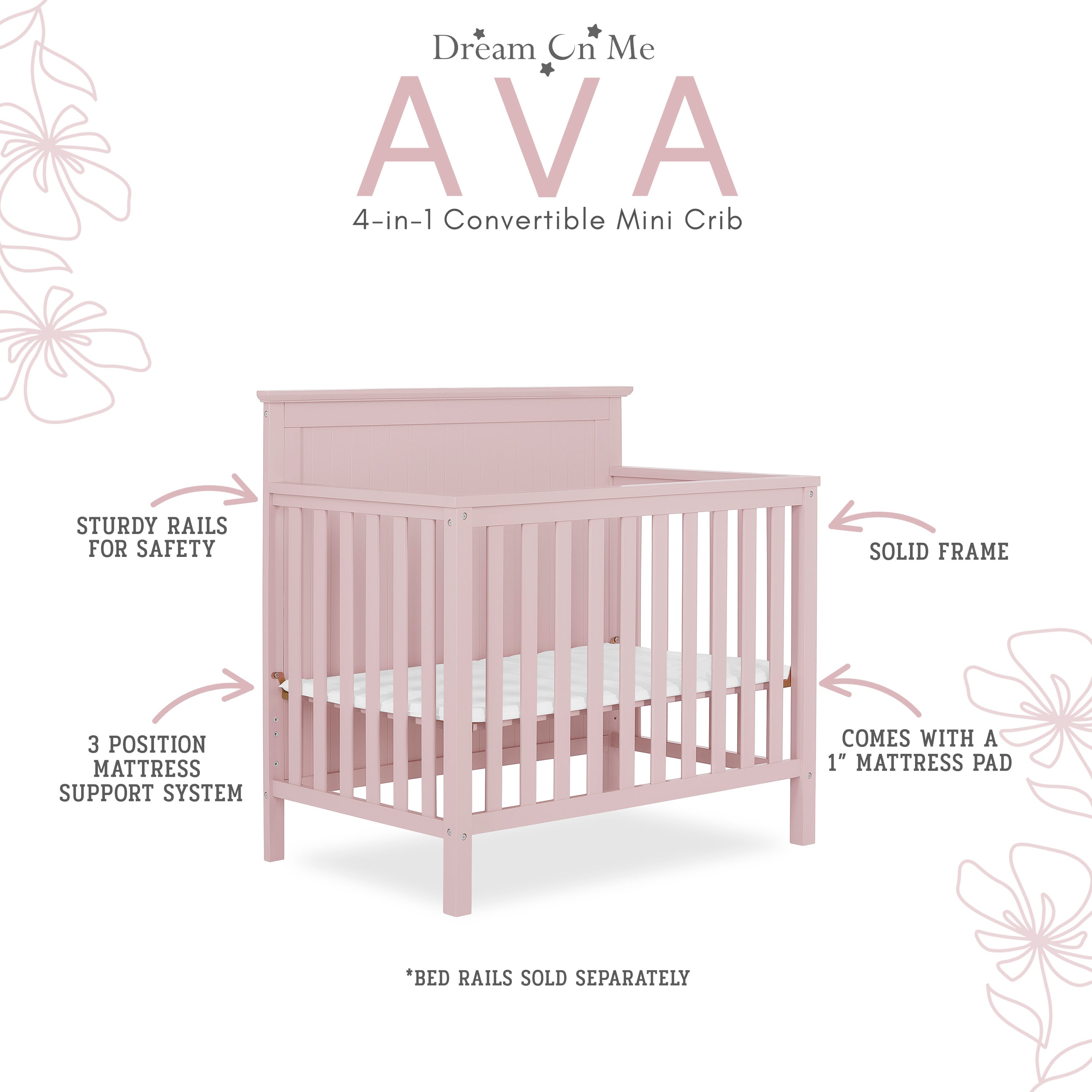 Dream On Me Ava 4-in-1 Convertible Mini Crib
