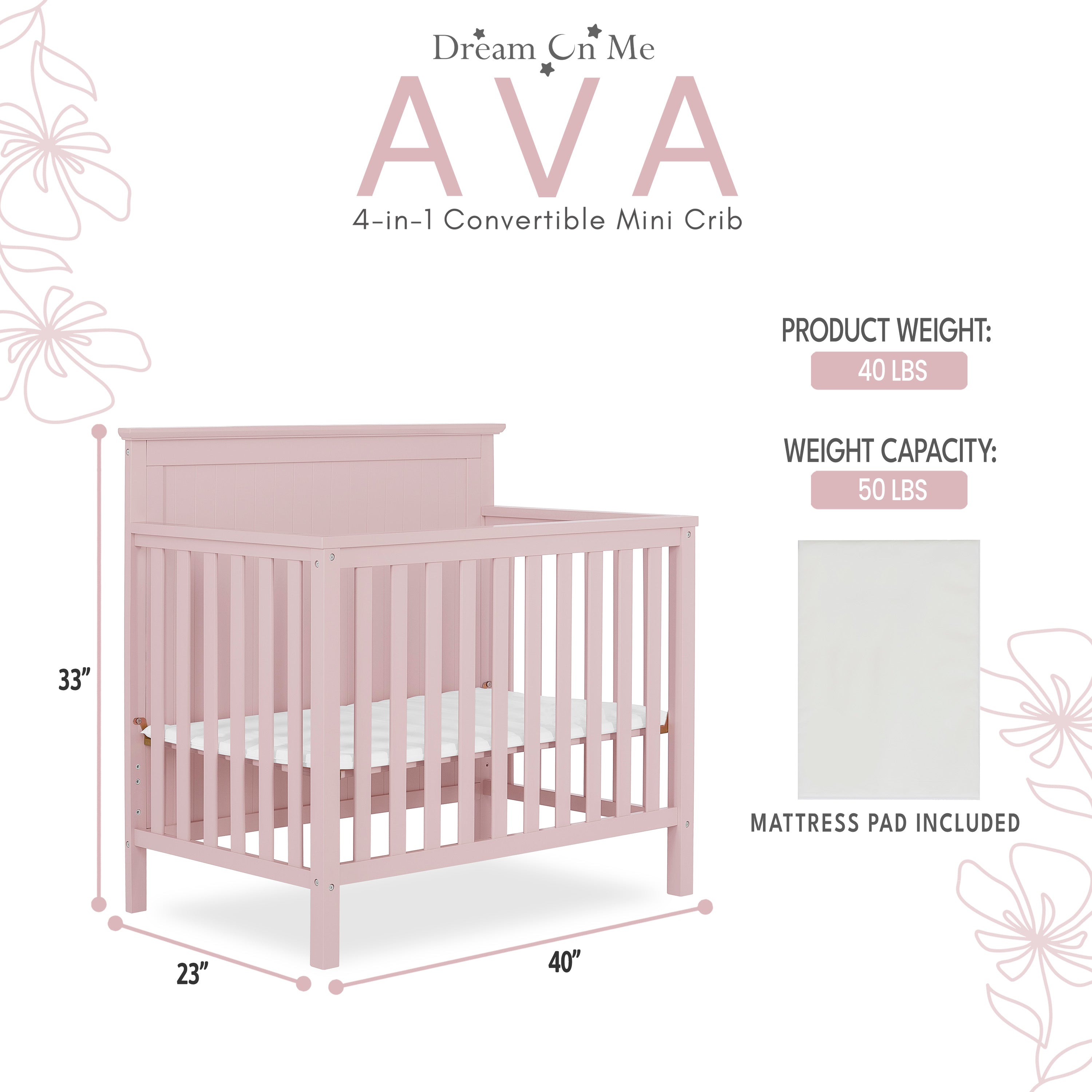 Dream On Me Ava 4-in-1 Convertible Mini Crib