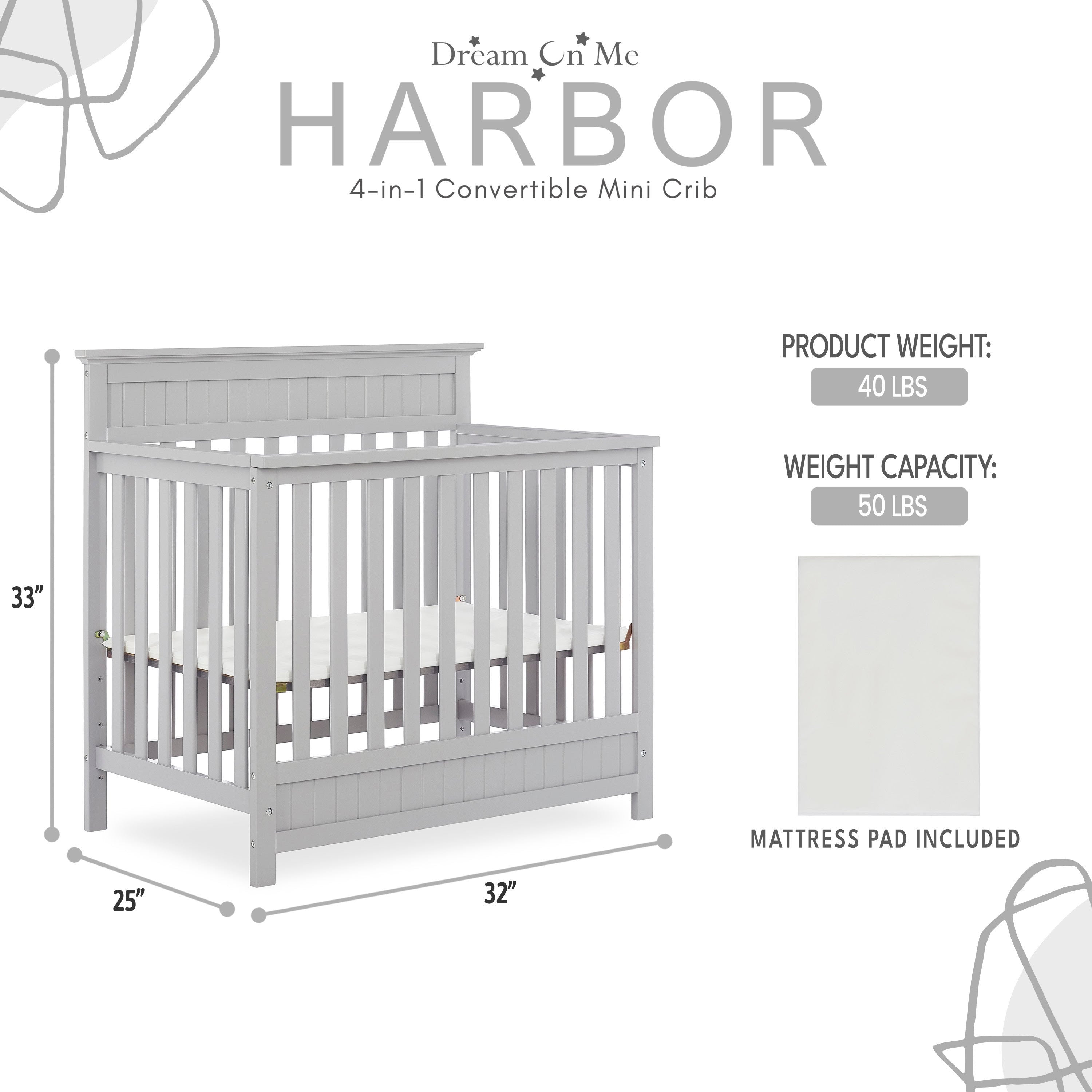 Dream On Me Harbor 4-in-1 Convertible Mini Crib