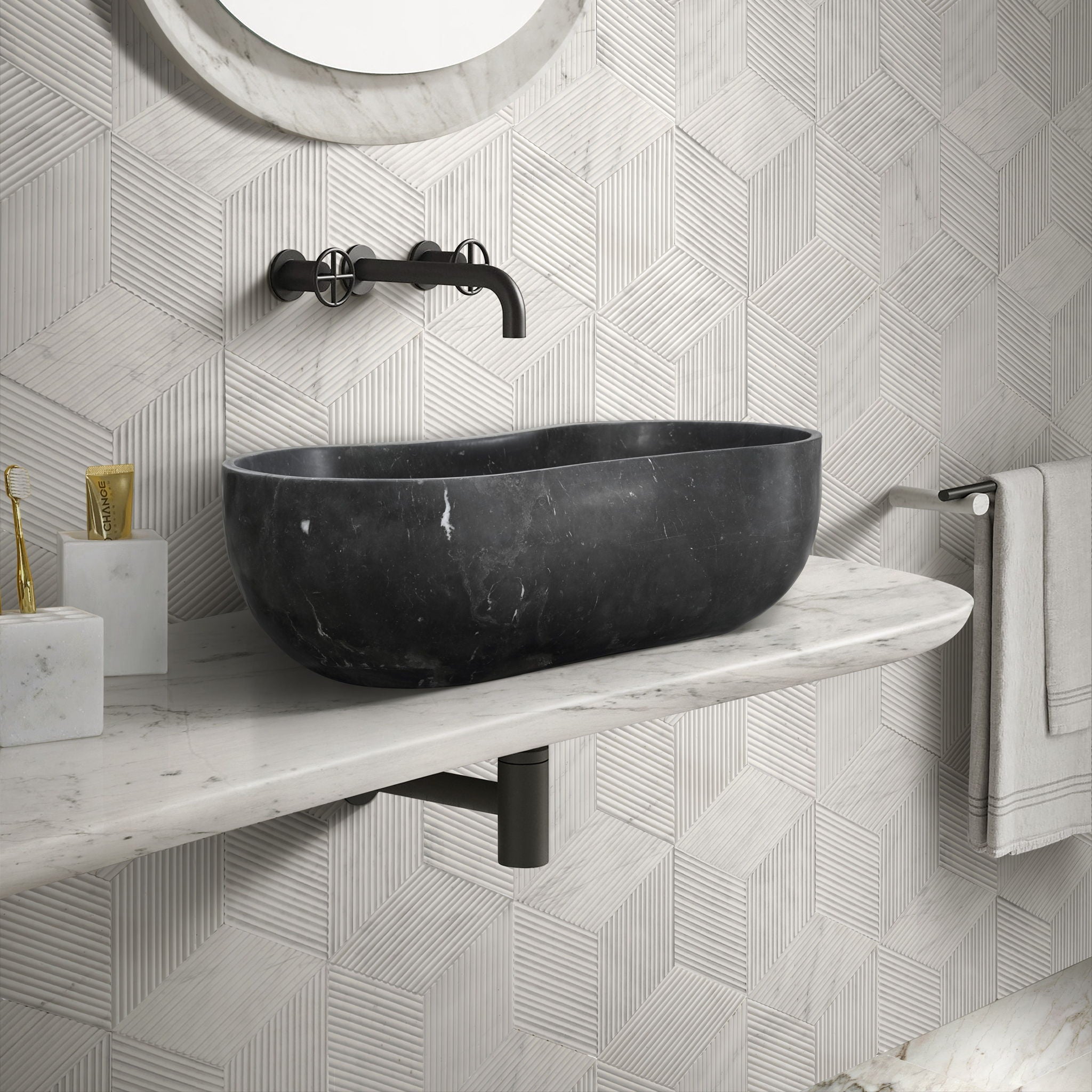 Bathroom Vessel Sink With Wavy Design by Couch