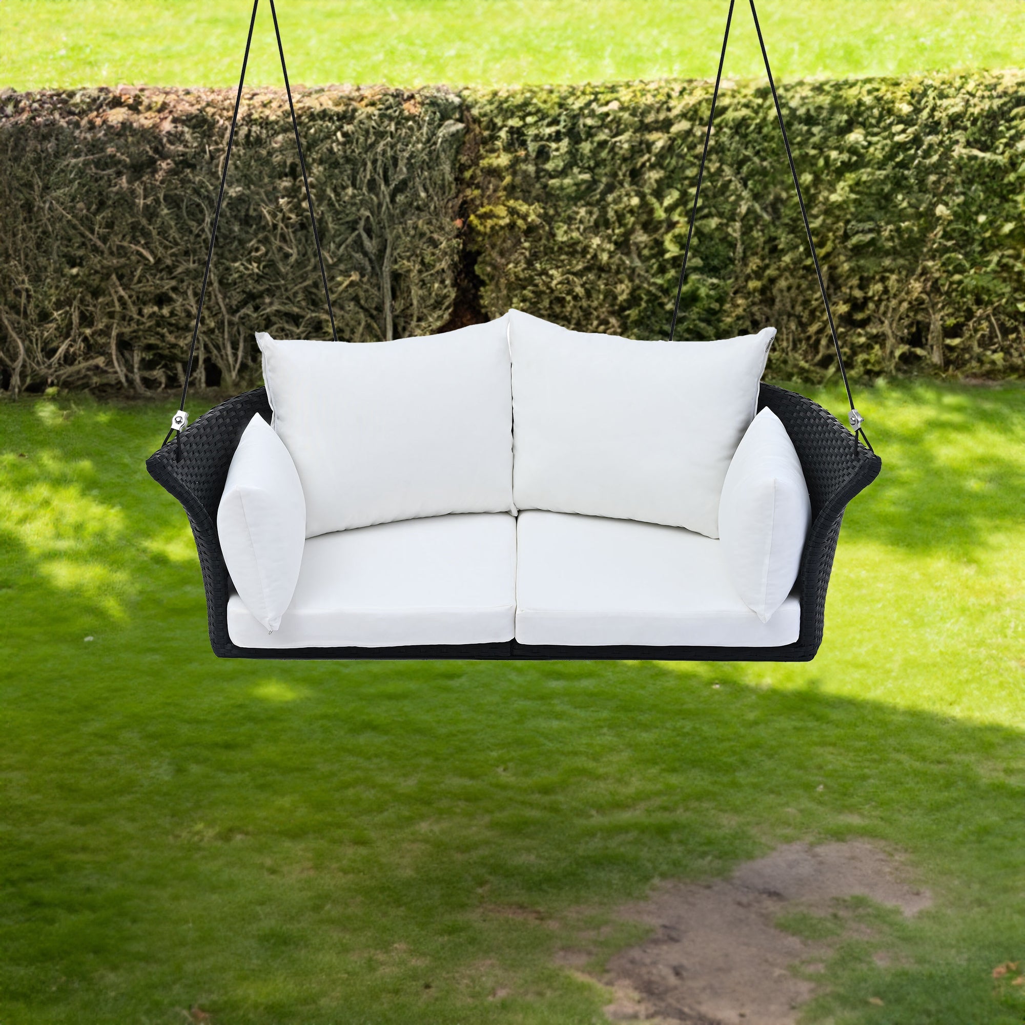 2-Person Rattan Woven Swing Chair, Black Wicker And White Cushion
