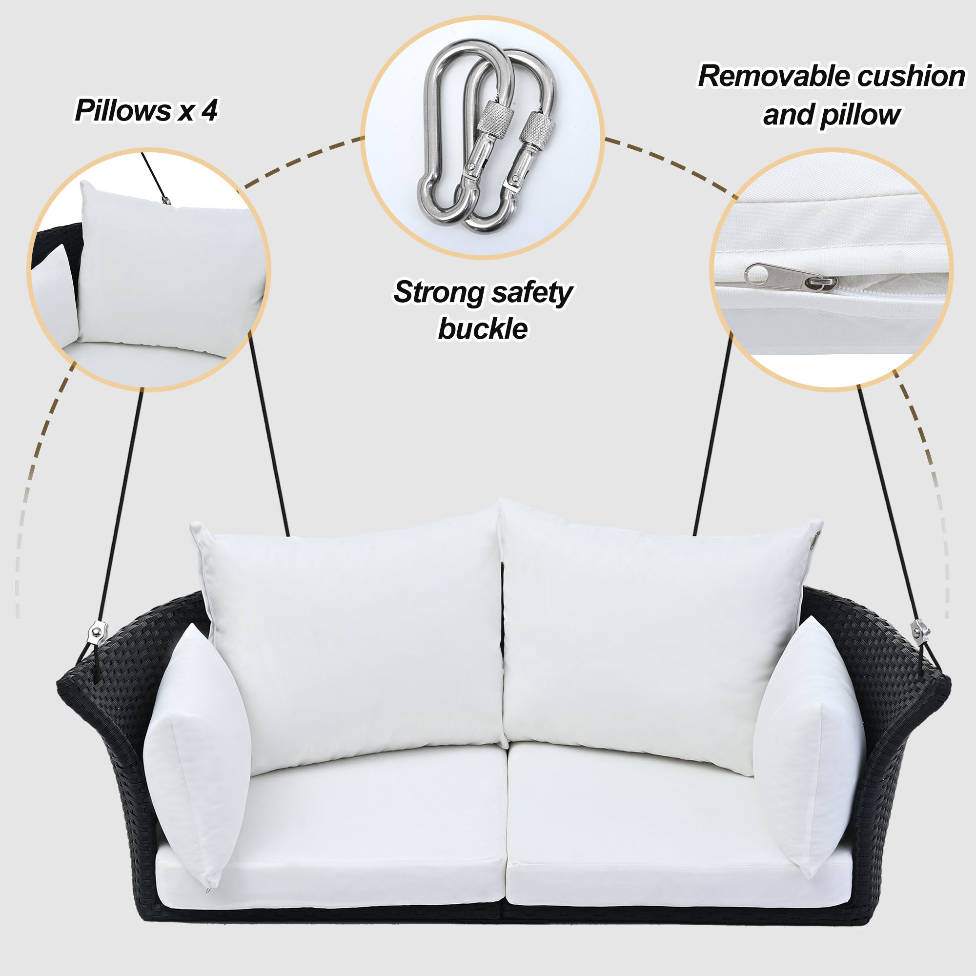 2-Person Rattan Woven Swing Chair, Black Wicker And White Cushion