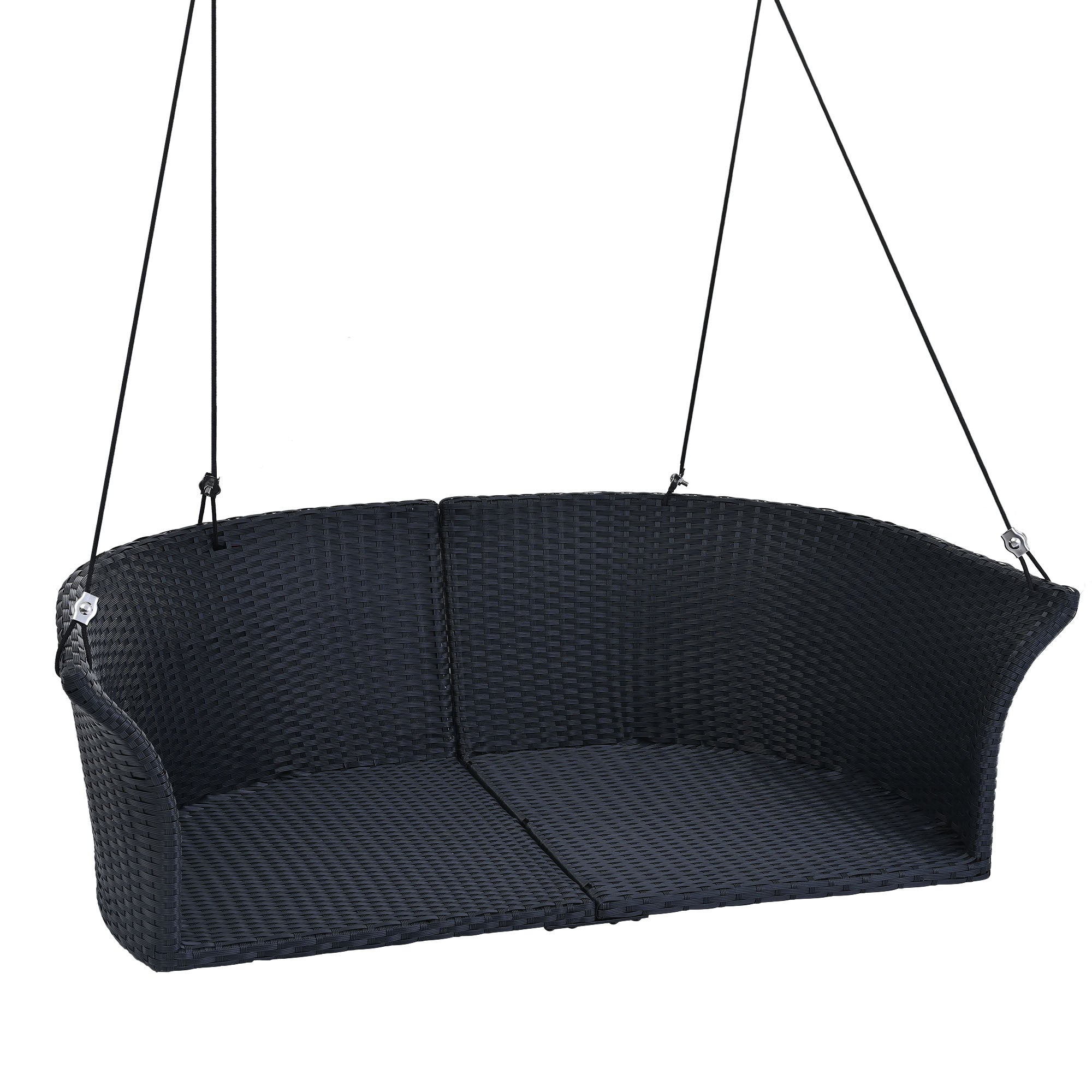 2-Person Rattan Woven Swing Chair, Black Wicker And White Cushion