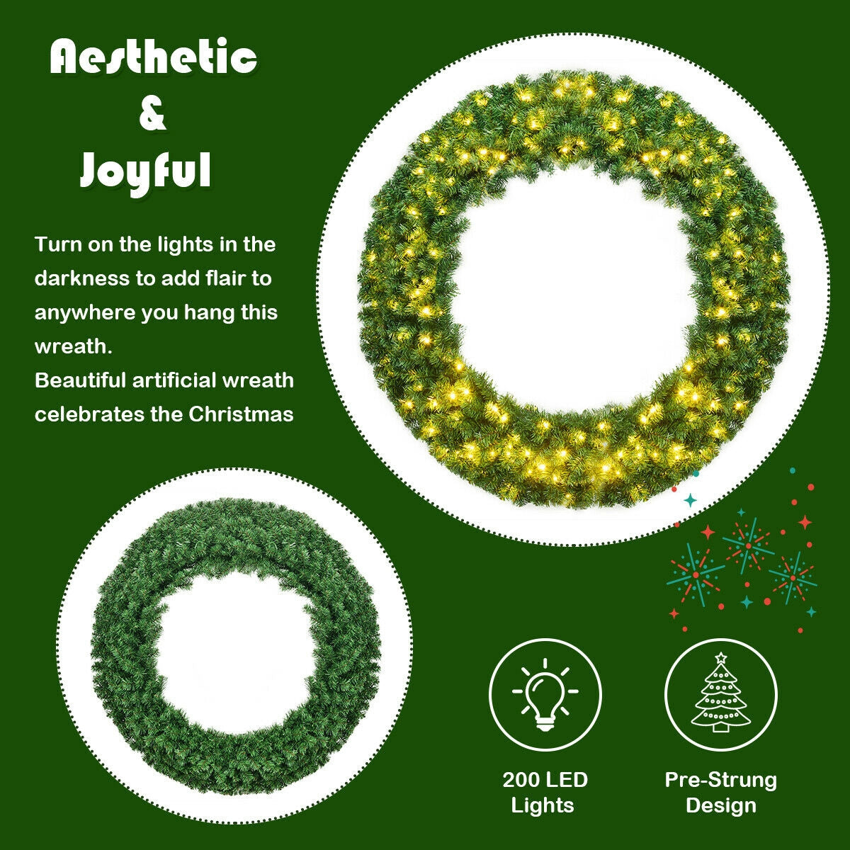 48 Inch Pre-lit Cordless Artificial Christmas Wreath by DirectDeals
