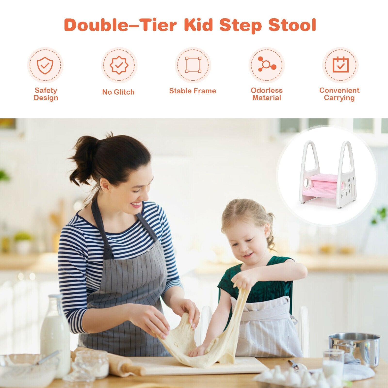 Kids Step Stool Learning Helper with Armrest -Pink