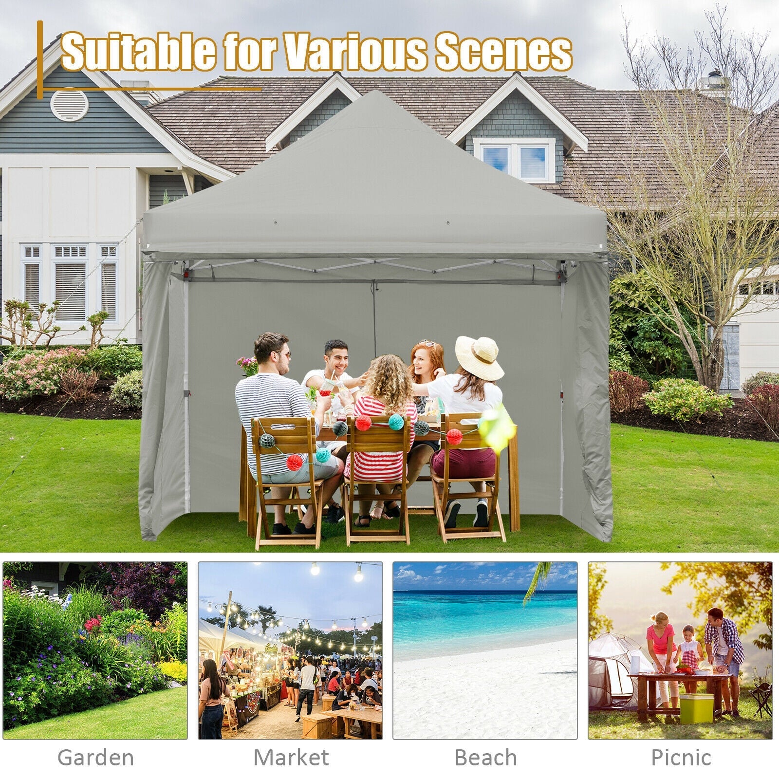 10 x 10 Feet Pop up Gazebo with 4 Height and Adjust Folding Awning - Gray