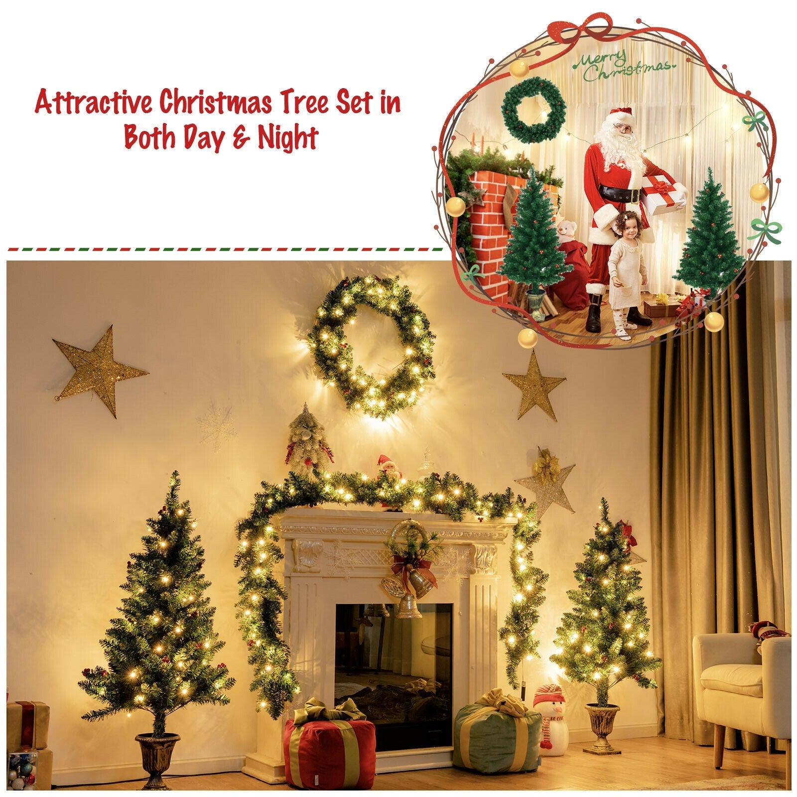 4 Pieces Christmas Decoration Set with Garland Wreath and Entrance Trees by DirectDeals