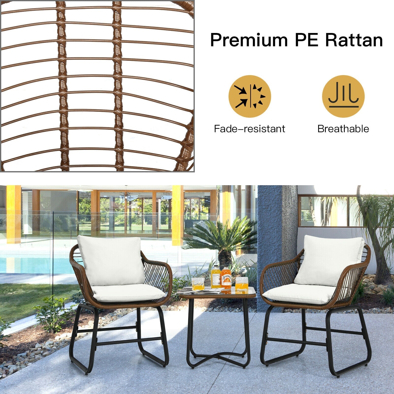 3 Pieces Patio Rattan Bistro Set - White