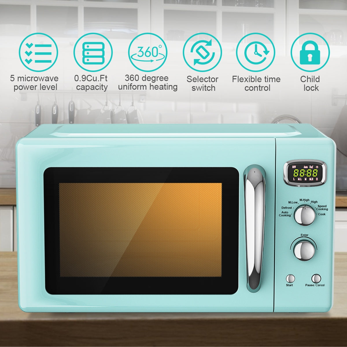 0.9 Cu.ft Retro Countertop Compact Microwave Oven - Green