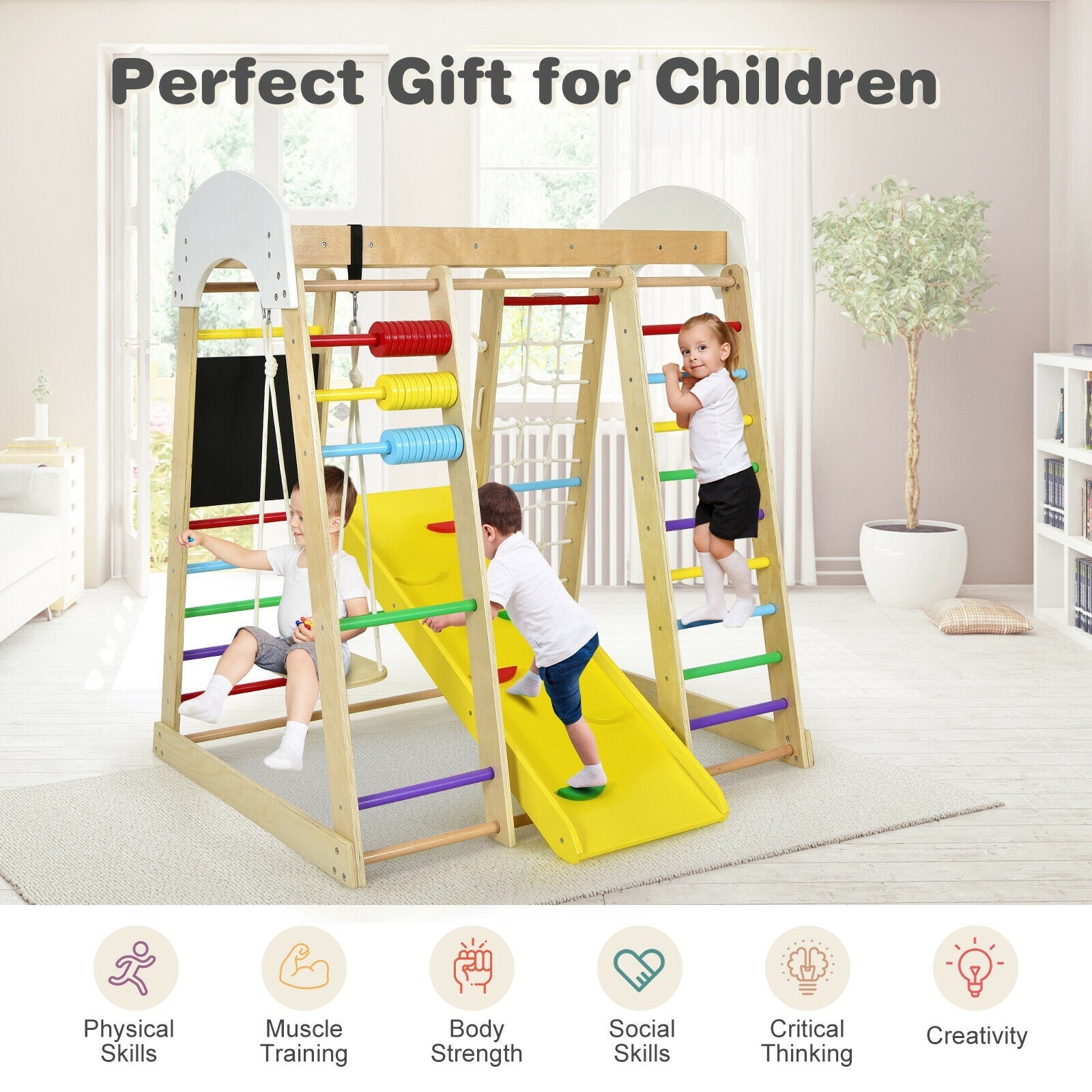 Indoor Wooden 8-in-1 Climber Playset for Children-Multicolor