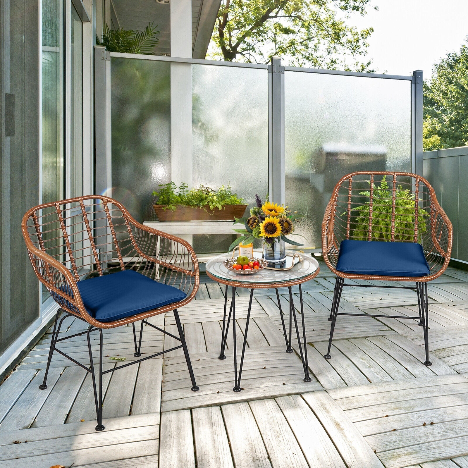 3 Pieces Patio Rattan Bistro Set with Cushion - Navy