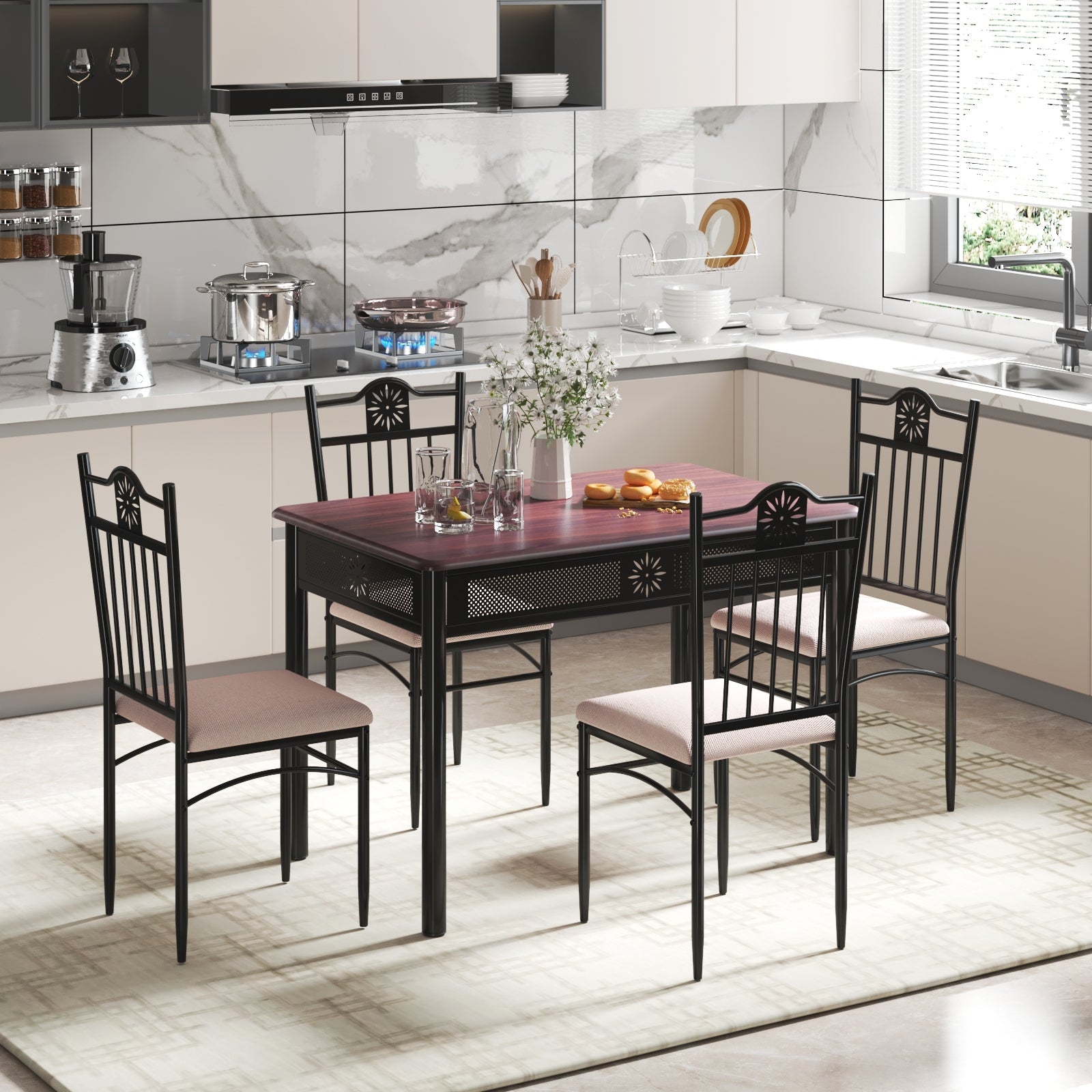 5 Pcs Dining Set, Wood Metal Table and 4 Chairs with Cushions