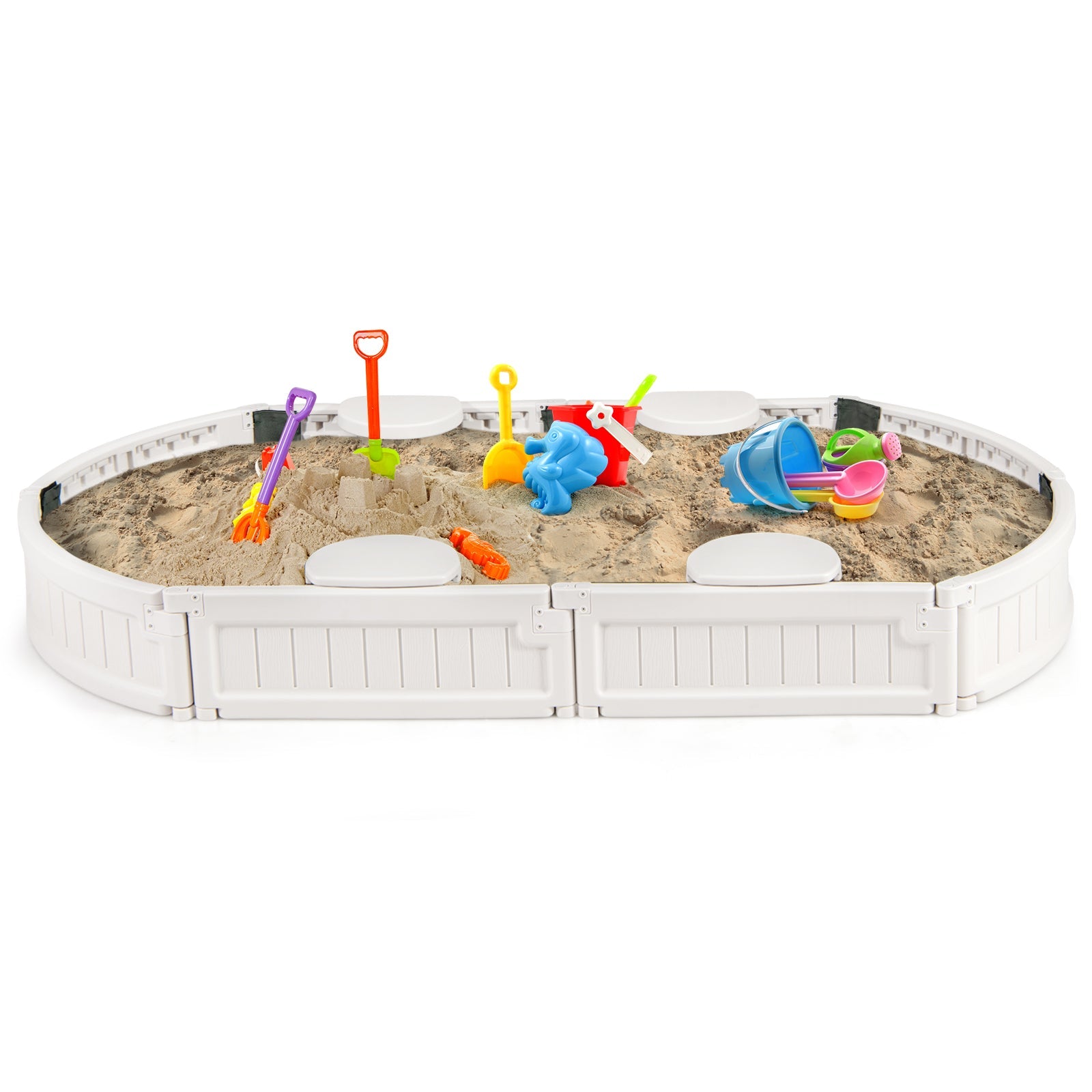 6 Feet Kids Oval Sandbox with Built-in Corner Seat and Bottom Liner-White