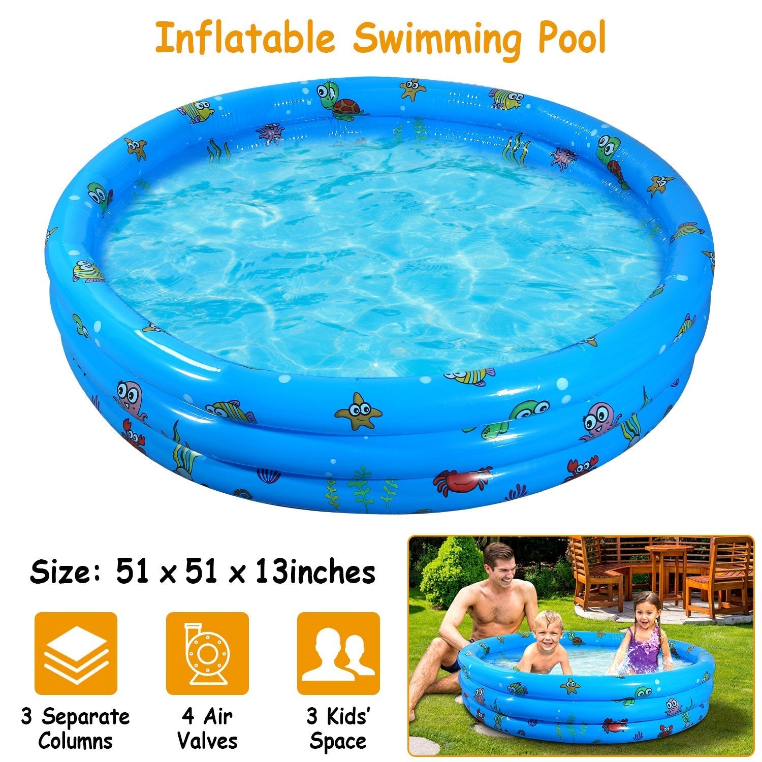 51x13Ó Inflatable Swimming Pool with 4 Valves & Bottom Water Drain Plug