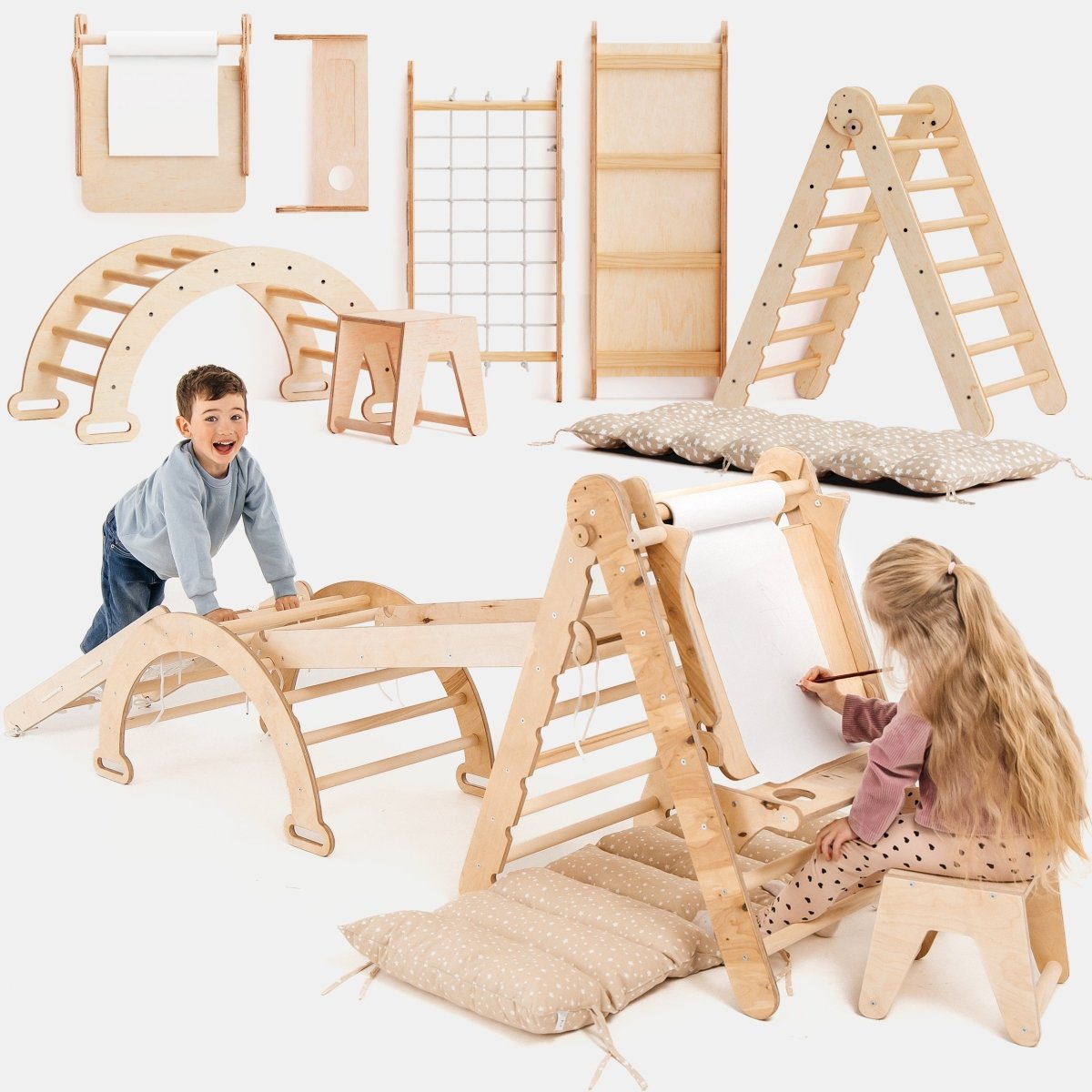 6-in-1 Montessori Climbing Set: Triangle Ladder + Arch/Rocker + Slide/Ramp + Net + Cushion + Art Addition
