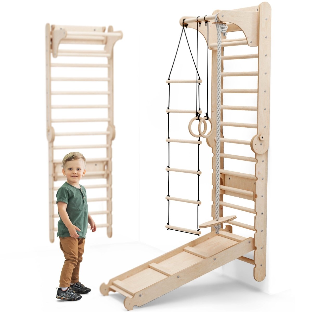 6-in-1 Wooden Swedish Wall / Climbing ladder for Children + Swing Set + Slide Board