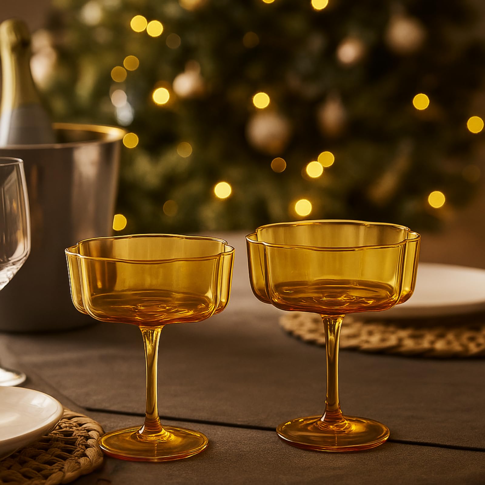 Flower Wave Coupe Cocktail Colored Glasses | Set of 2 | Amber