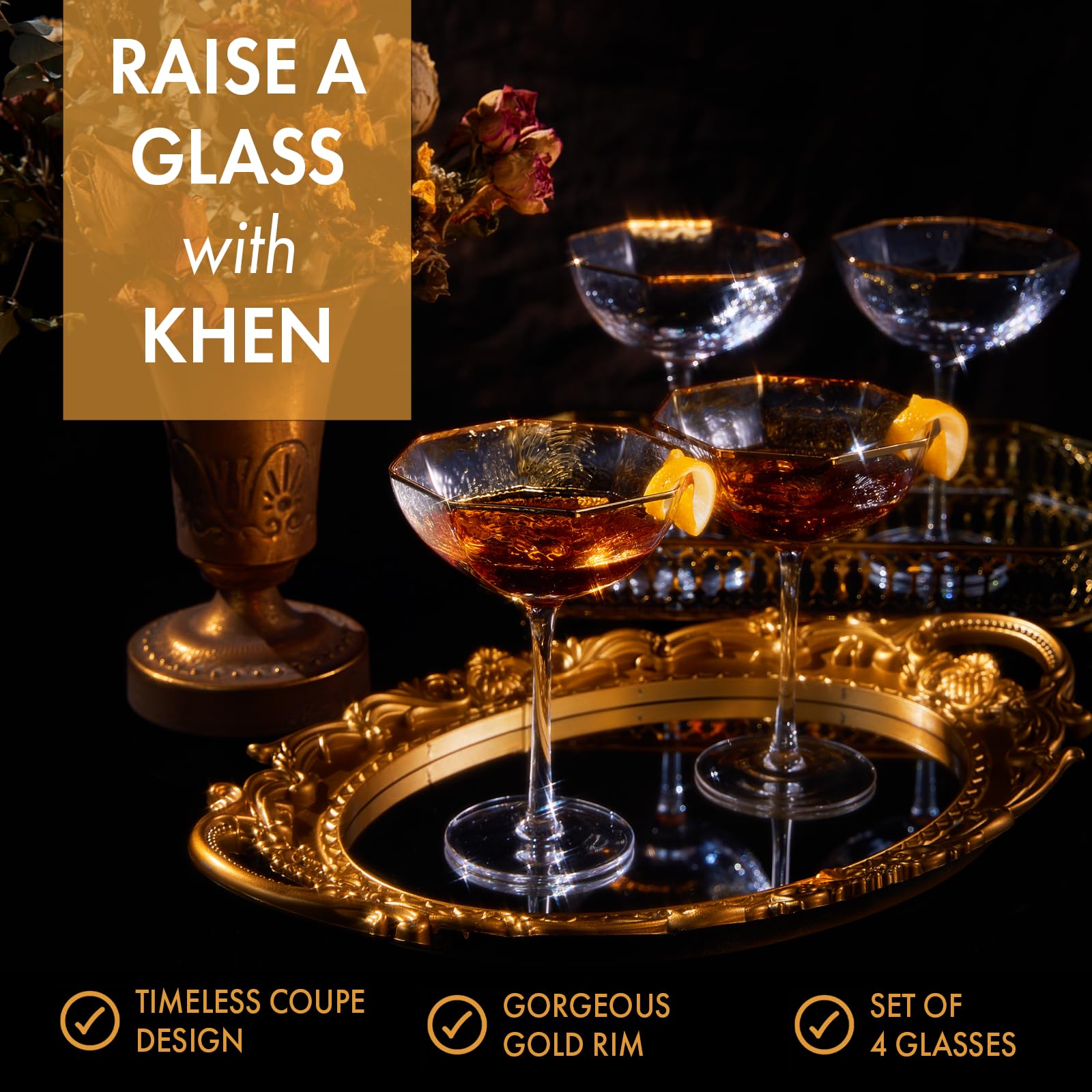 Khen Vintage Champagne Cocktail Glasses - Set of 4