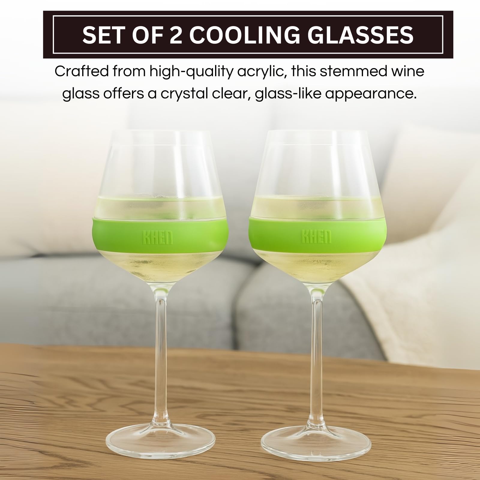 Stemmed Acrylic Cooling Wine  Glasses 14oz | Set of 2 | Green
