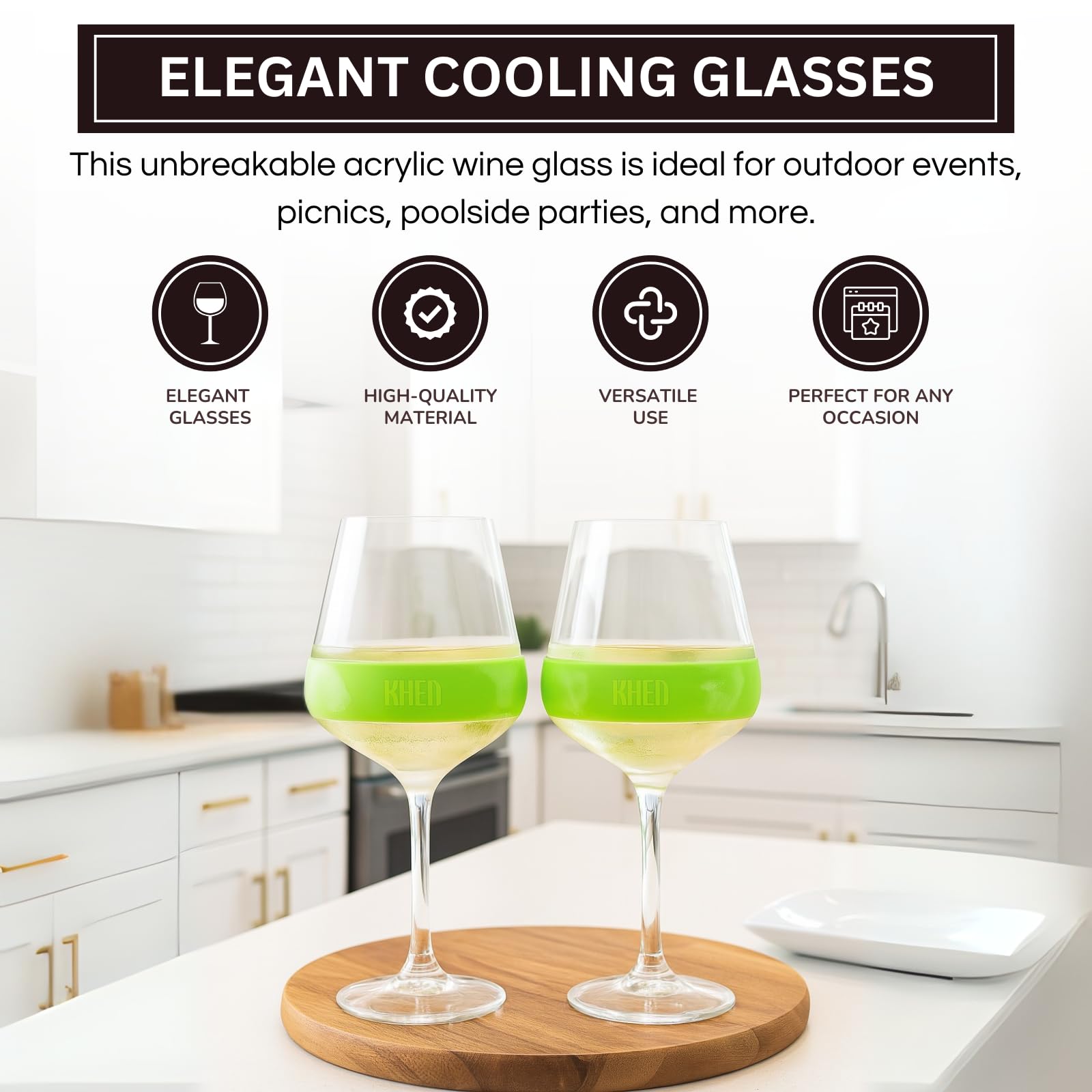 Stemmed Acrylic Cooling Wine  Glasses 14oz | Set of 2 | Green