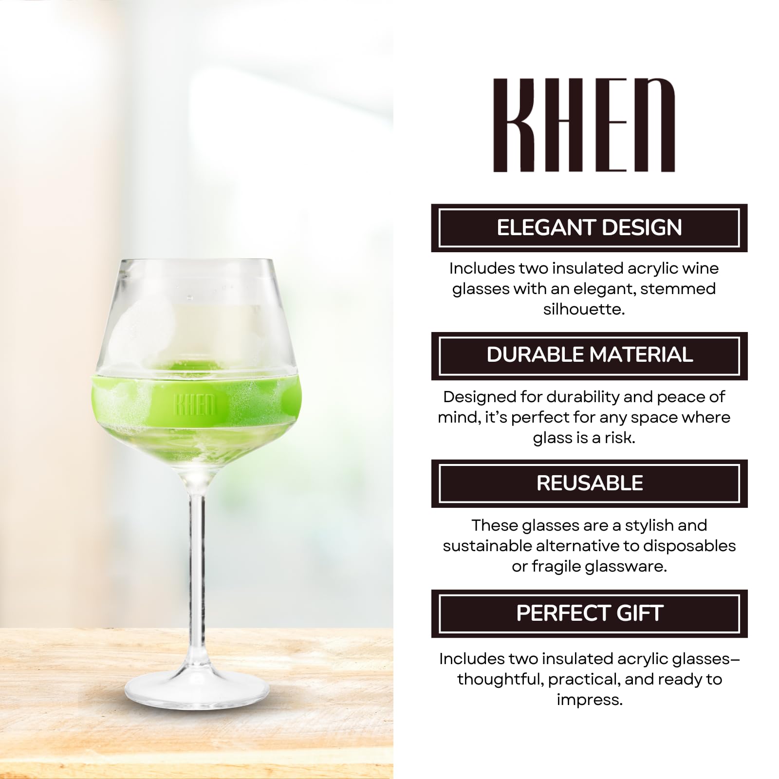 Stemmed Acrylic Cooling Wine  Glasses 14oz | Set of 2 | Green