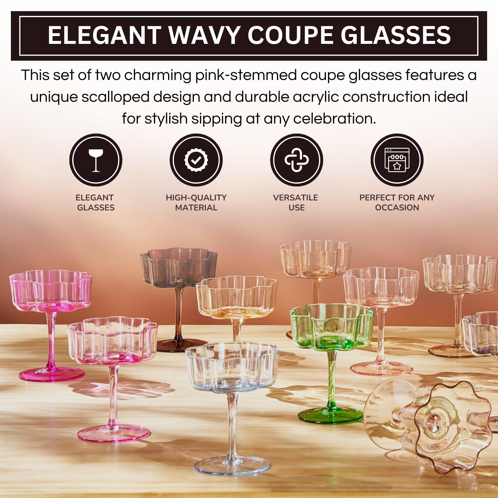 Flower Wave Coupe Cocktail Colored Glasses | Set of 4 | Blush Pink