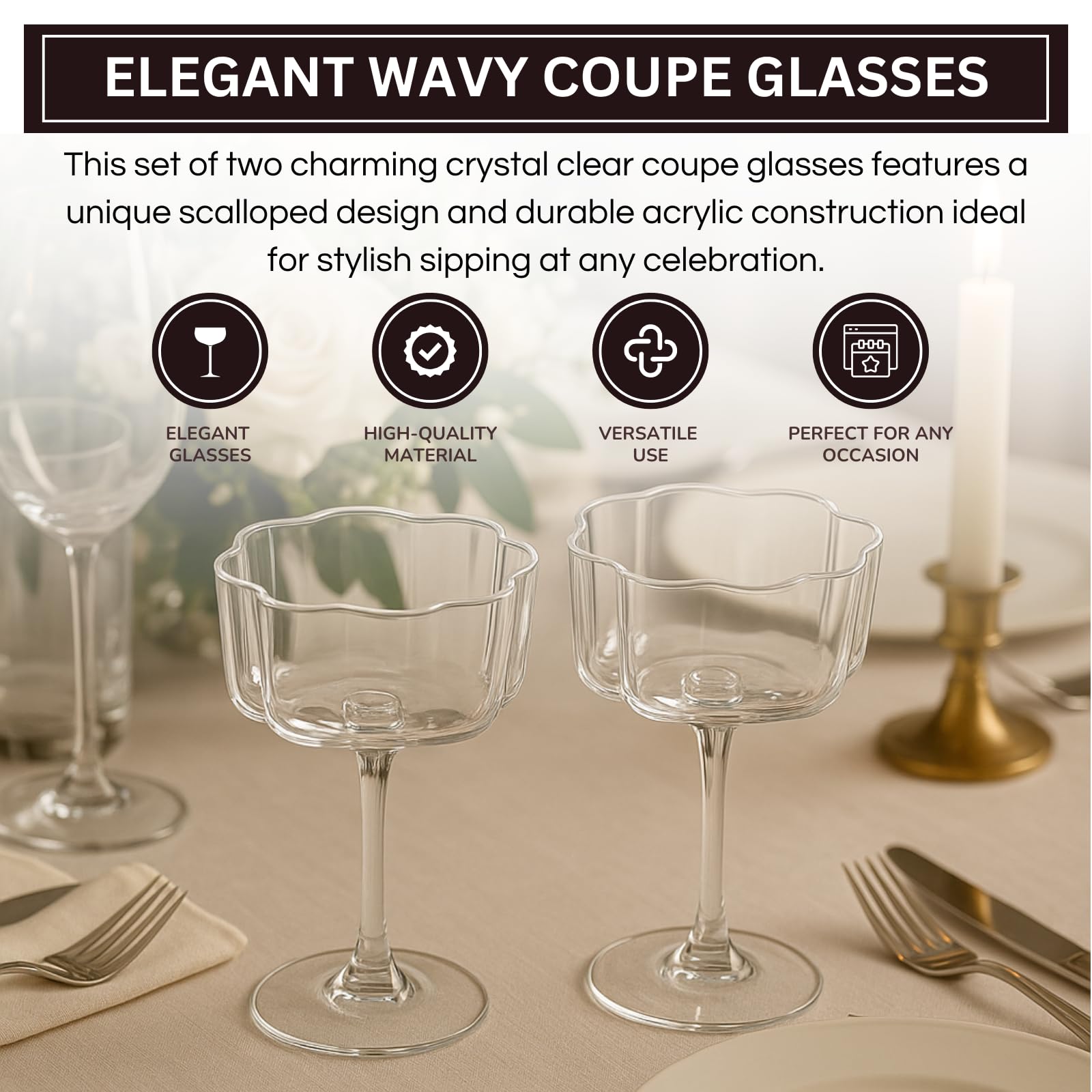 Flower Wave Coupe Cocktail Colored Glass | Set of 2 | Clear
