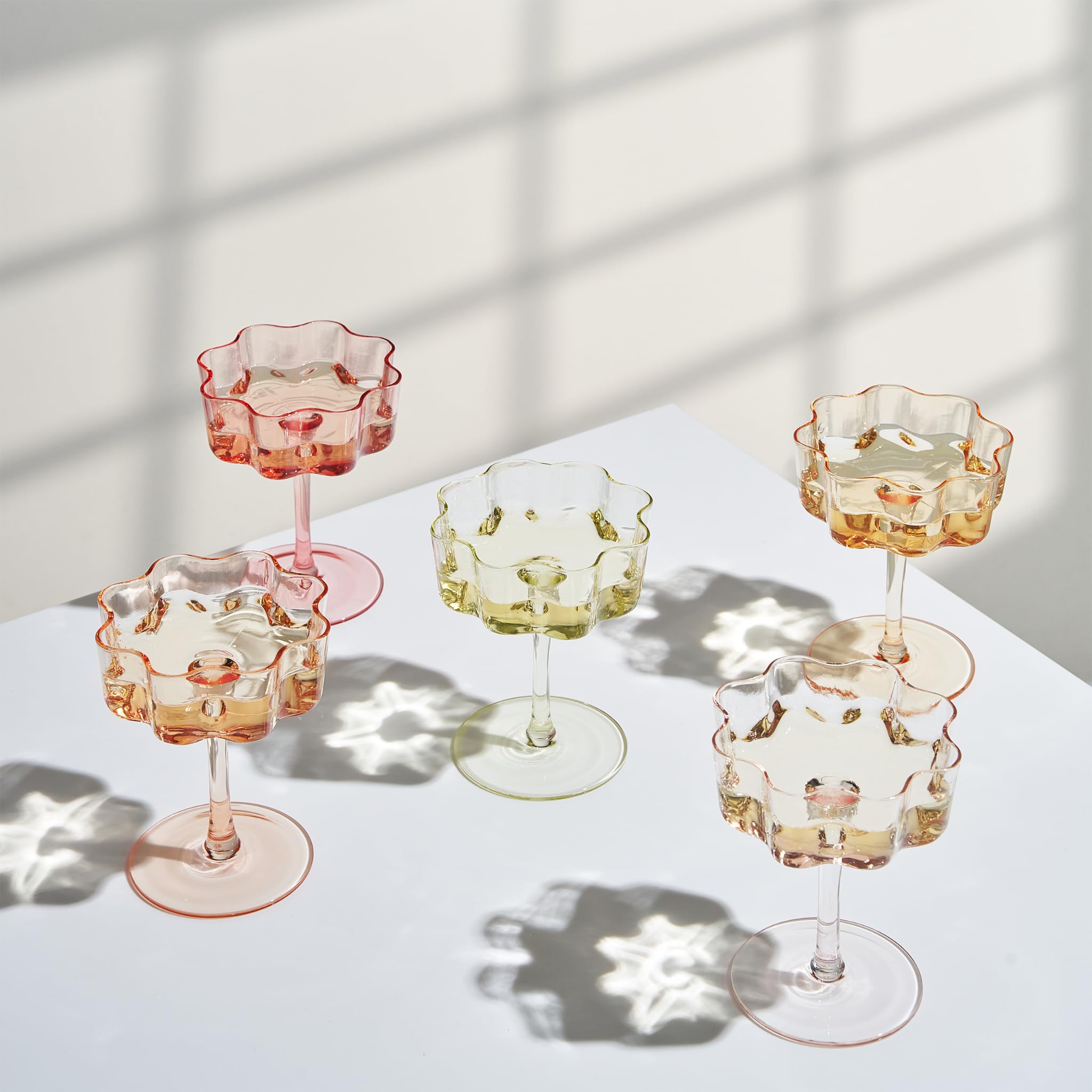 Flower Wave Coupe Cocktail Colored Glasses | Set of 5 | Fall/Holiday Colors