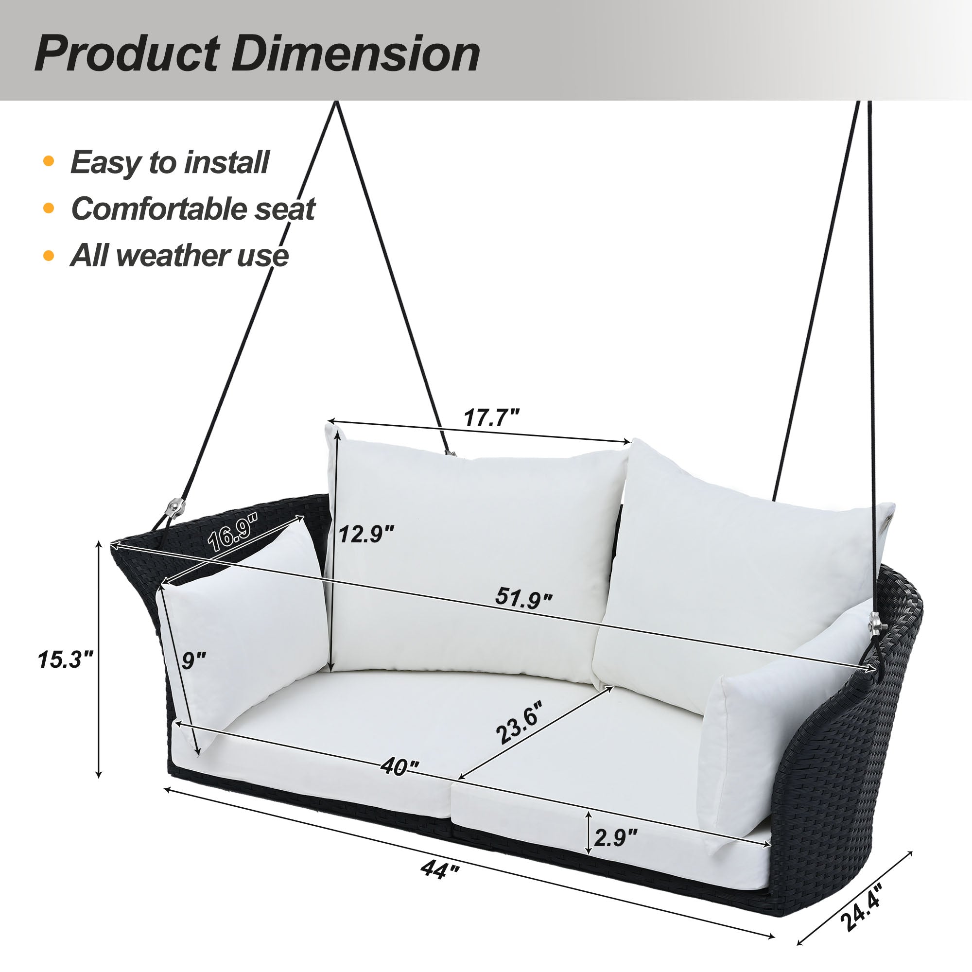 2-Person Rattan Woven Swing Chair, Black Wicker And White Cushion