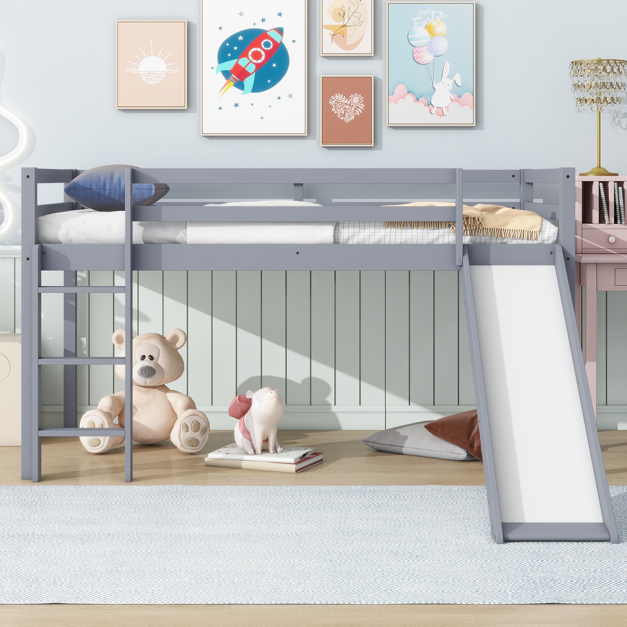 Twin Low Loft Bed with Slide, Ladder, Safety Guardrails, Rubber Wood Twin Loft Bed,Grey by 39F INC.