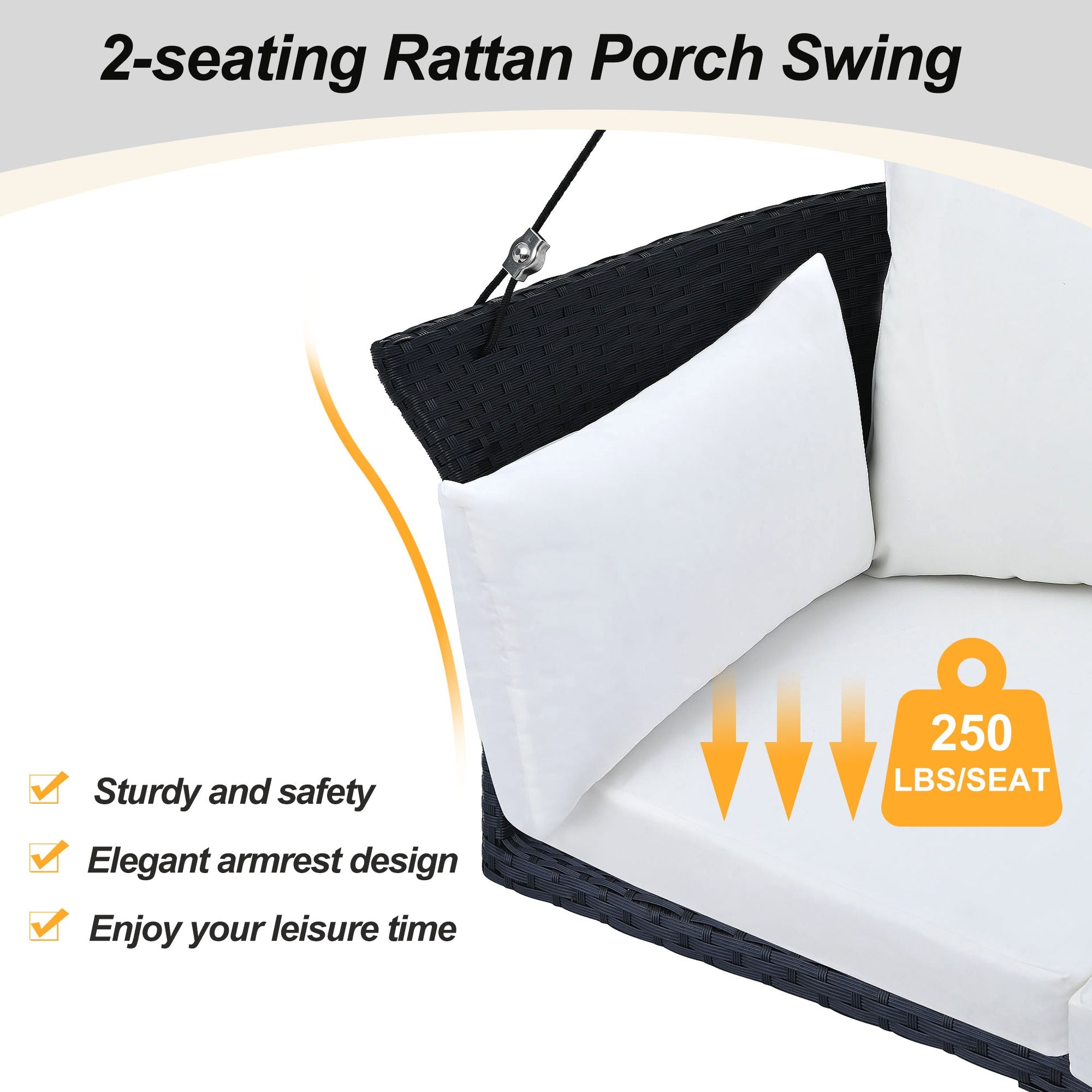 2-Person Rattan Woven Swing Chair, Black Wicker And White Cushion