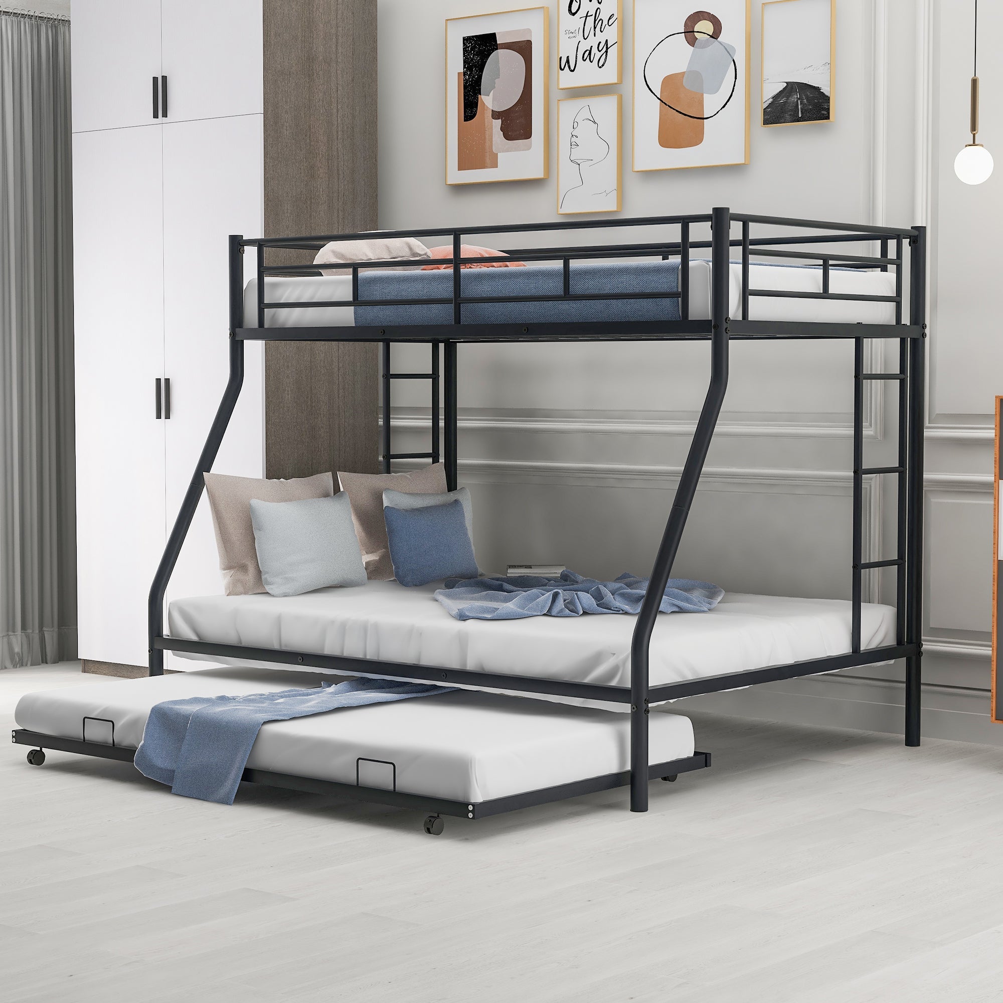 Twin over Full Bed with Sturdy Steel Frame, Bunk Bed with Twin Size Trundle, Two-Side Ladders, Black(OLD SKU:MF194424AAB) by 39F INC.