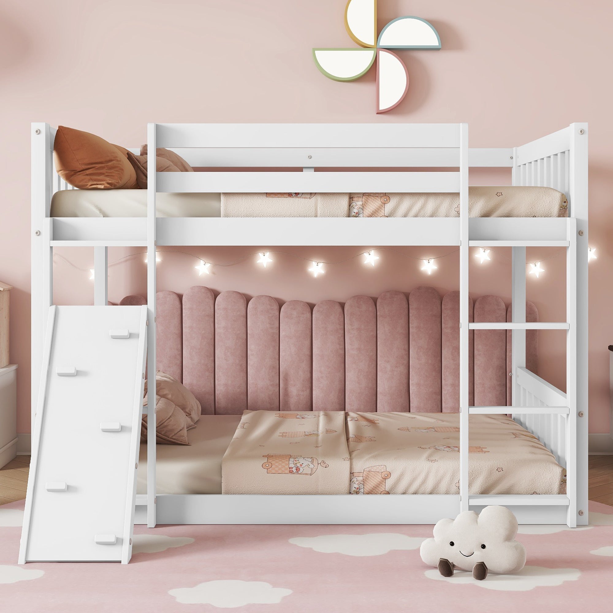 Twin Over Twin Floor Bunk Bed, Playhouse Floor Bunk Bed with Climbing Ramp, Ladder, Safety Guardrails,White by 39F INC.