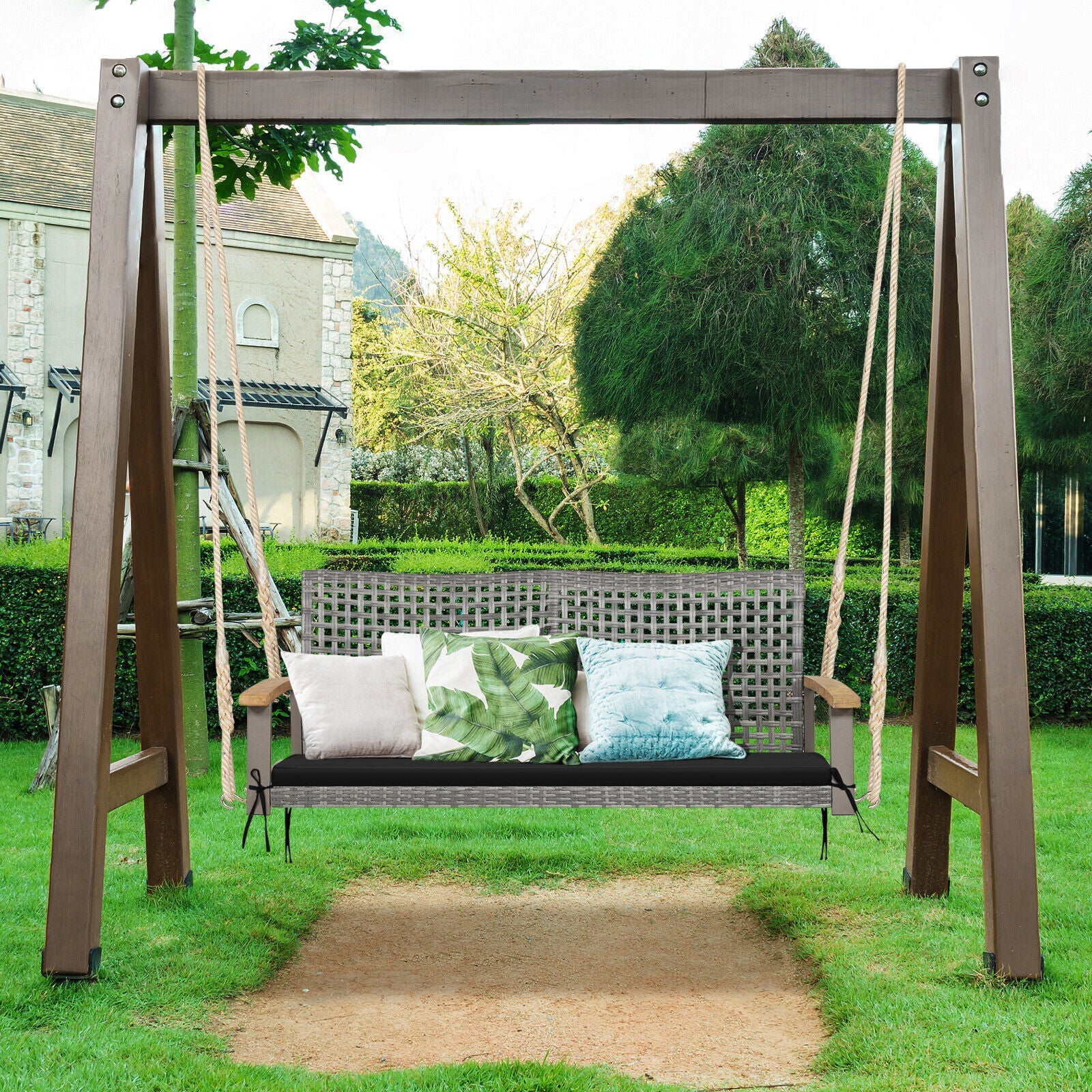 2-Person Patio Wicker Hanging Swing Chair - Black