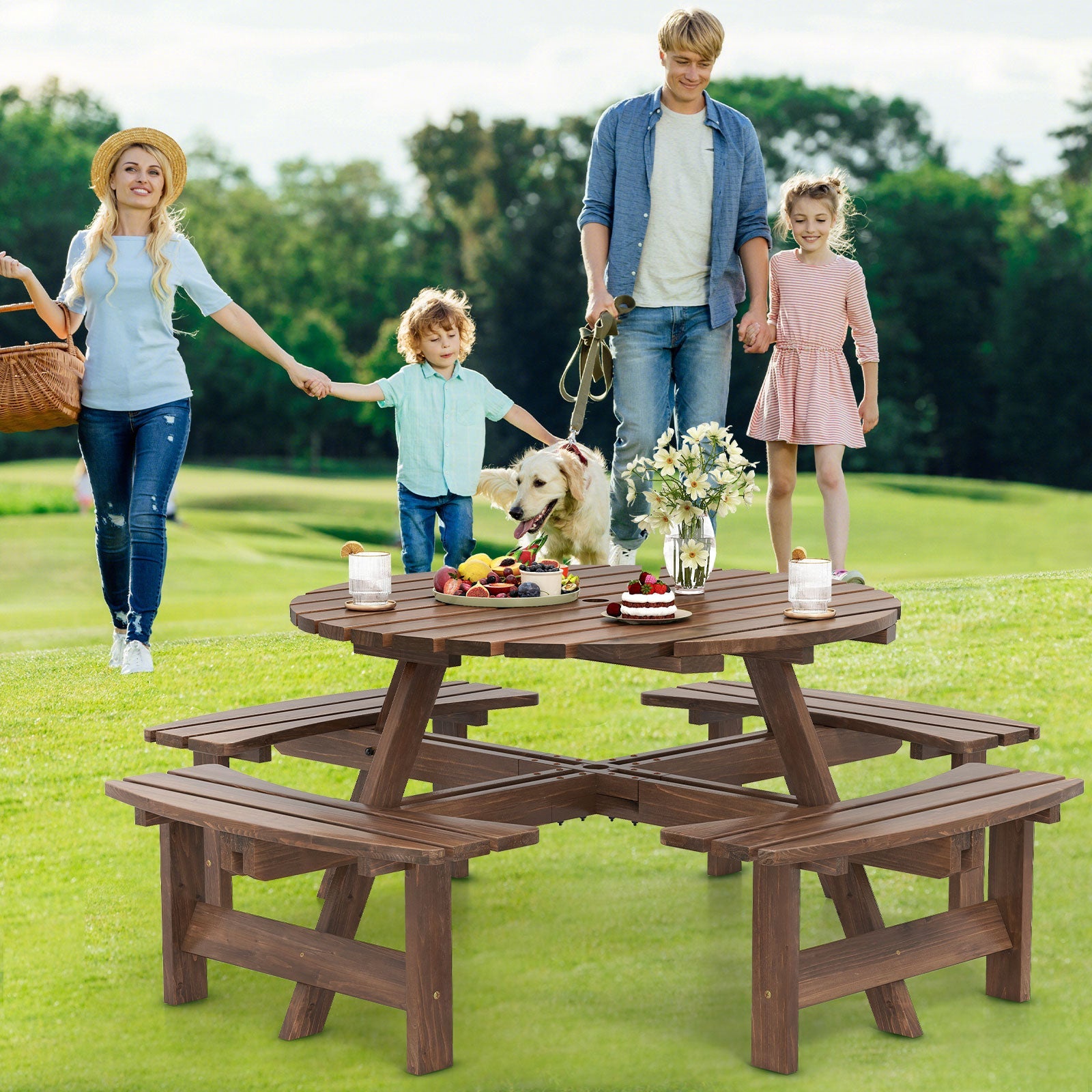 8-Person Round Picnic Table Set - Brown