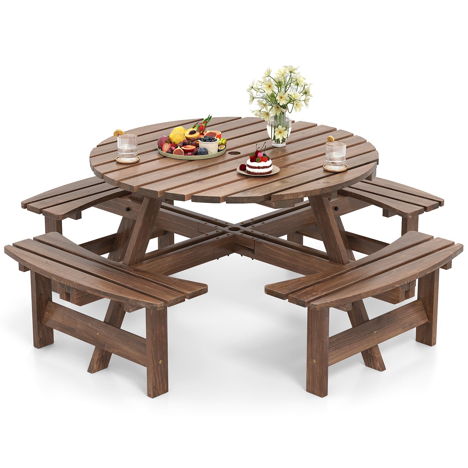 8-Person Round Picnic Table Set - Brown