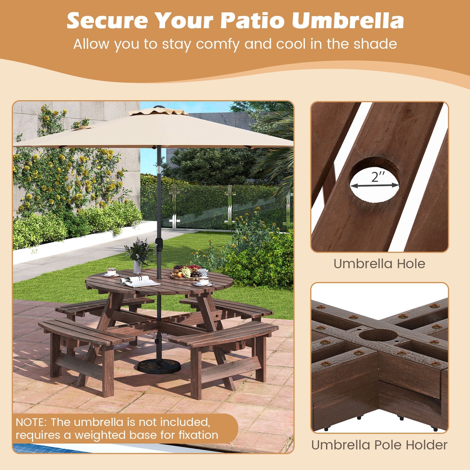 8-Person Round Picnic Table Set - Brown
