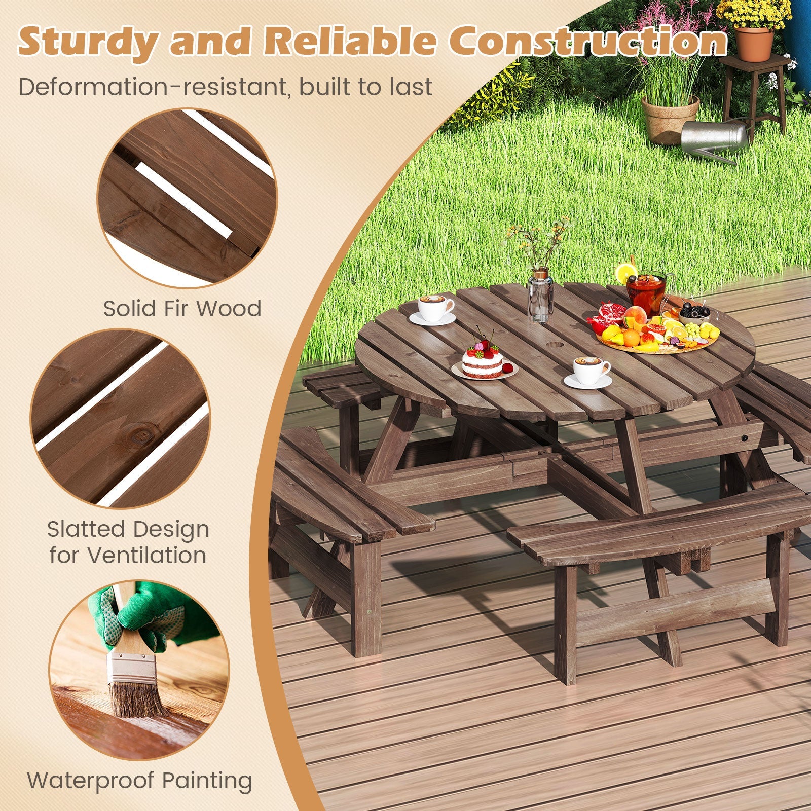 8-Person Round Picnic Table Set - Brown