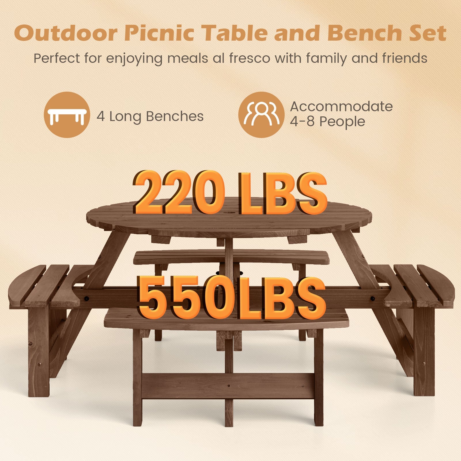 8-Person Round Picnic Table Set - Brown
