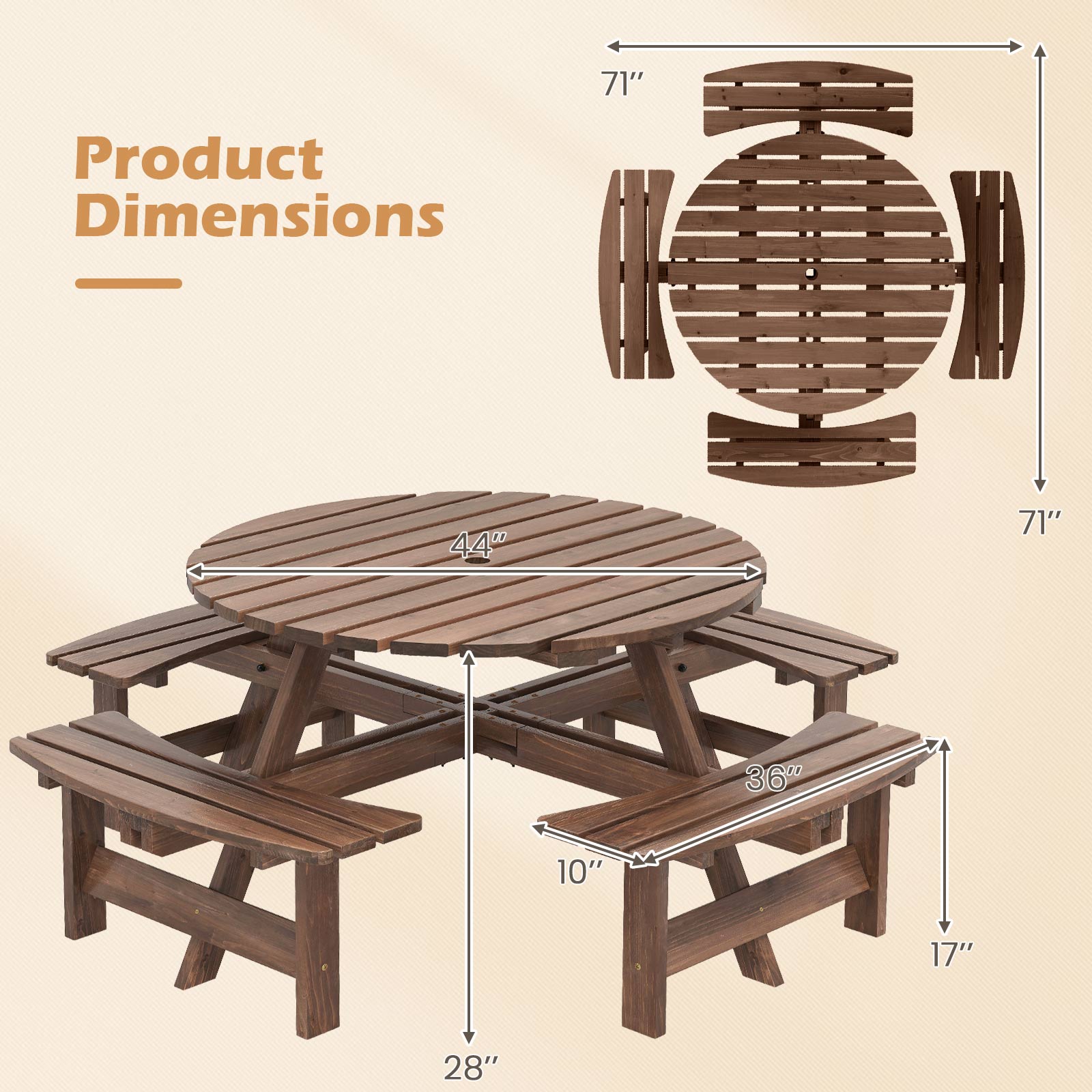 8-Person Round Picnic Table Set - Brown