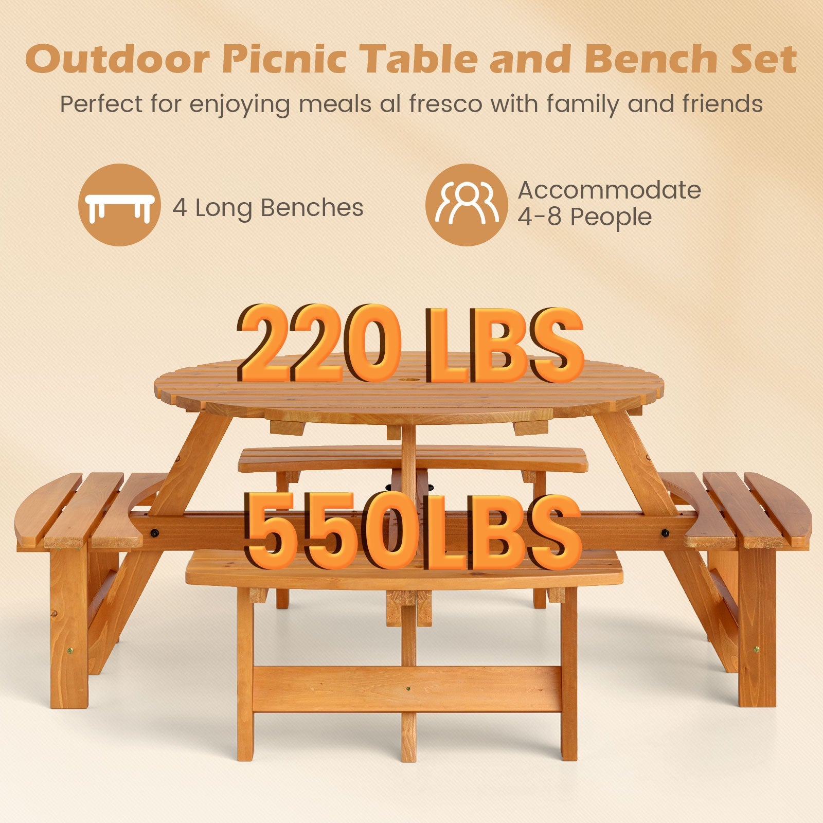 8-Person Round Picnic Table Set - Yellow