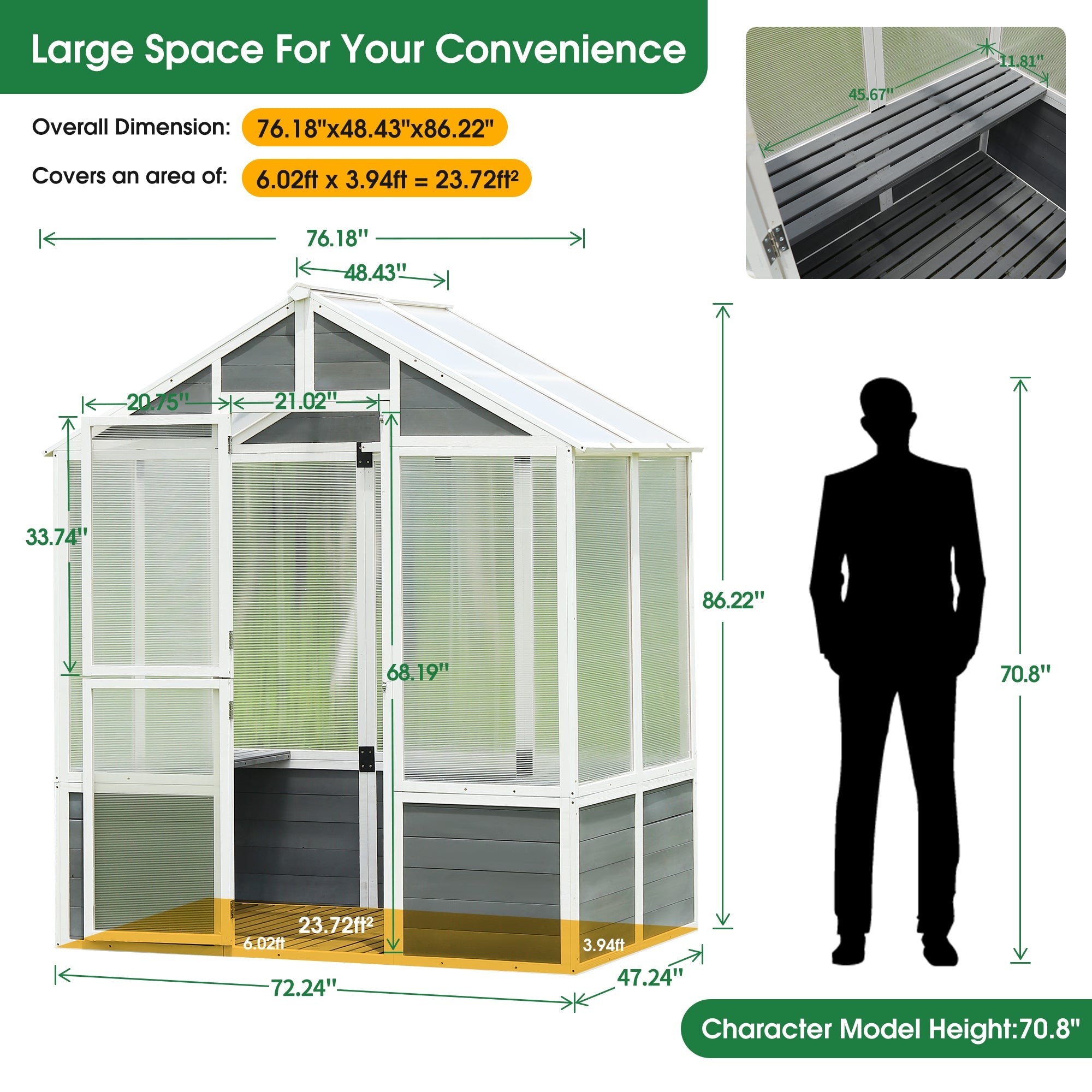 76''x48''x86'' Walk-in Polycarbonate Outdoor Greenhouse