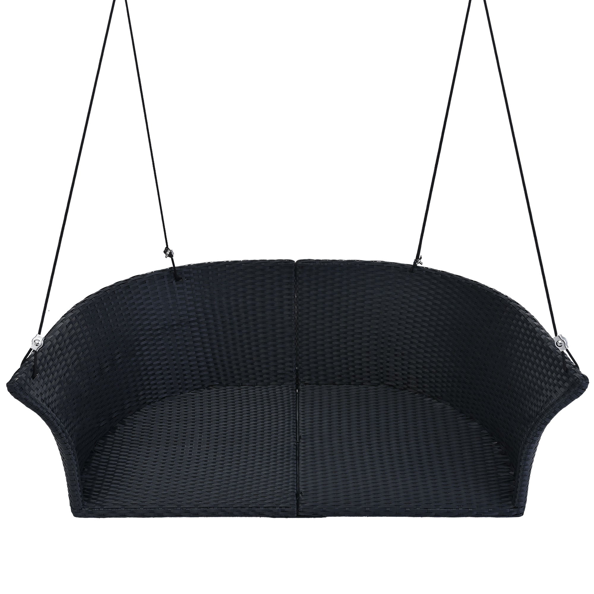 2-Person Rattan Woven Swing Chair, Black Wicker And White Cushion