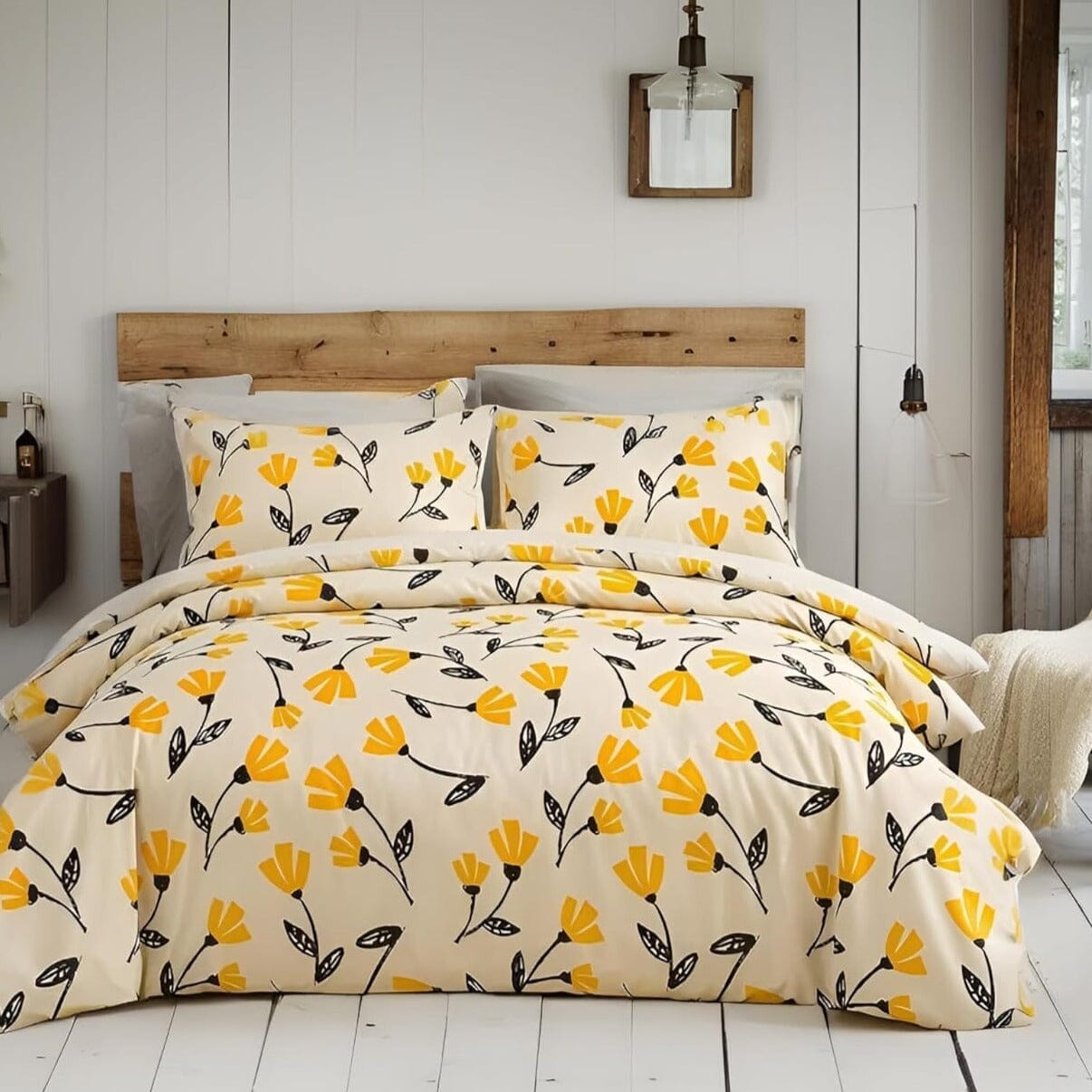 Floral Golden Orange Ivory Duvet Cover Set w/ Pillow Cases