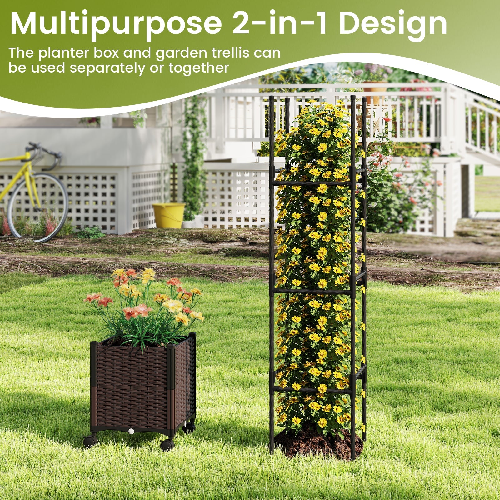 87 Inch Tall Raised Garden Bed with Plant Box Trellis and Lockable Wheels