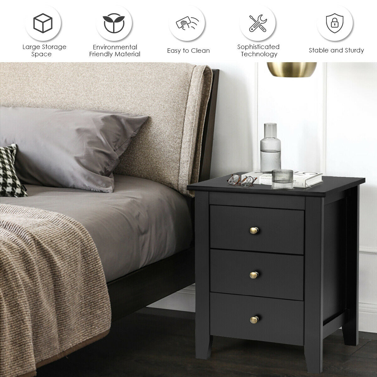Nightstand End Beside Table Drawers -Black