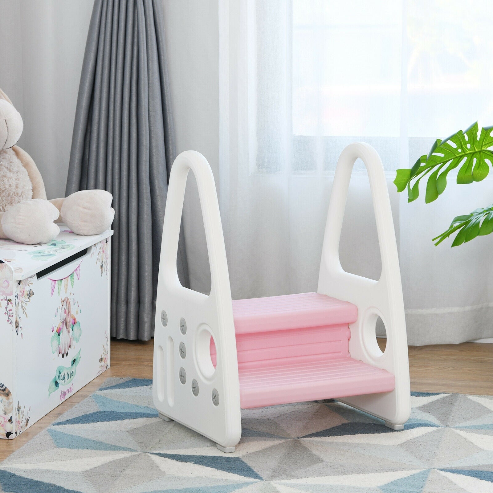 Kids Step Stool Learning Helper with Armrest -Pink