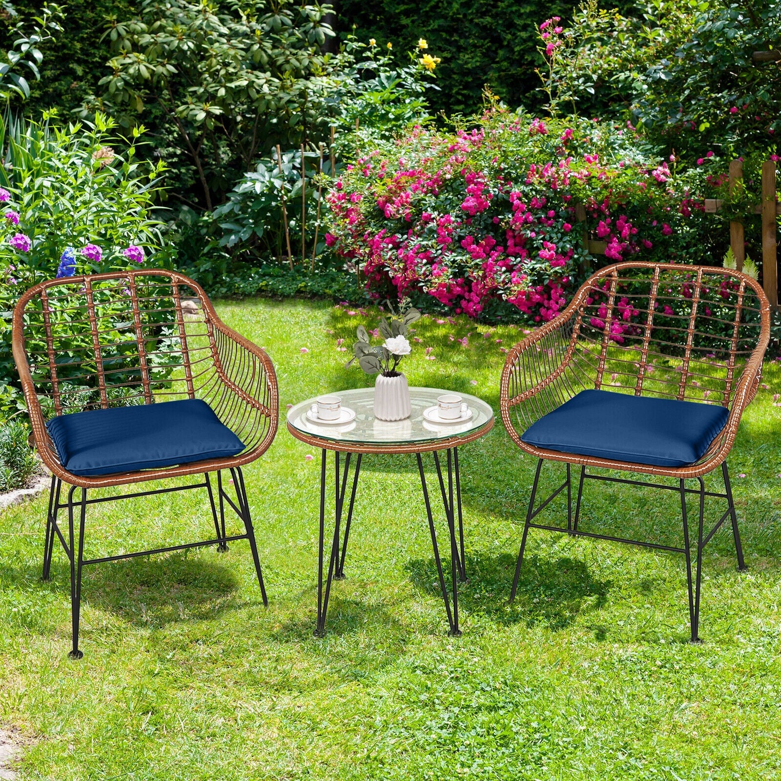 3 Pieces Patio Rattan Bistro Set with Cushion - Navy