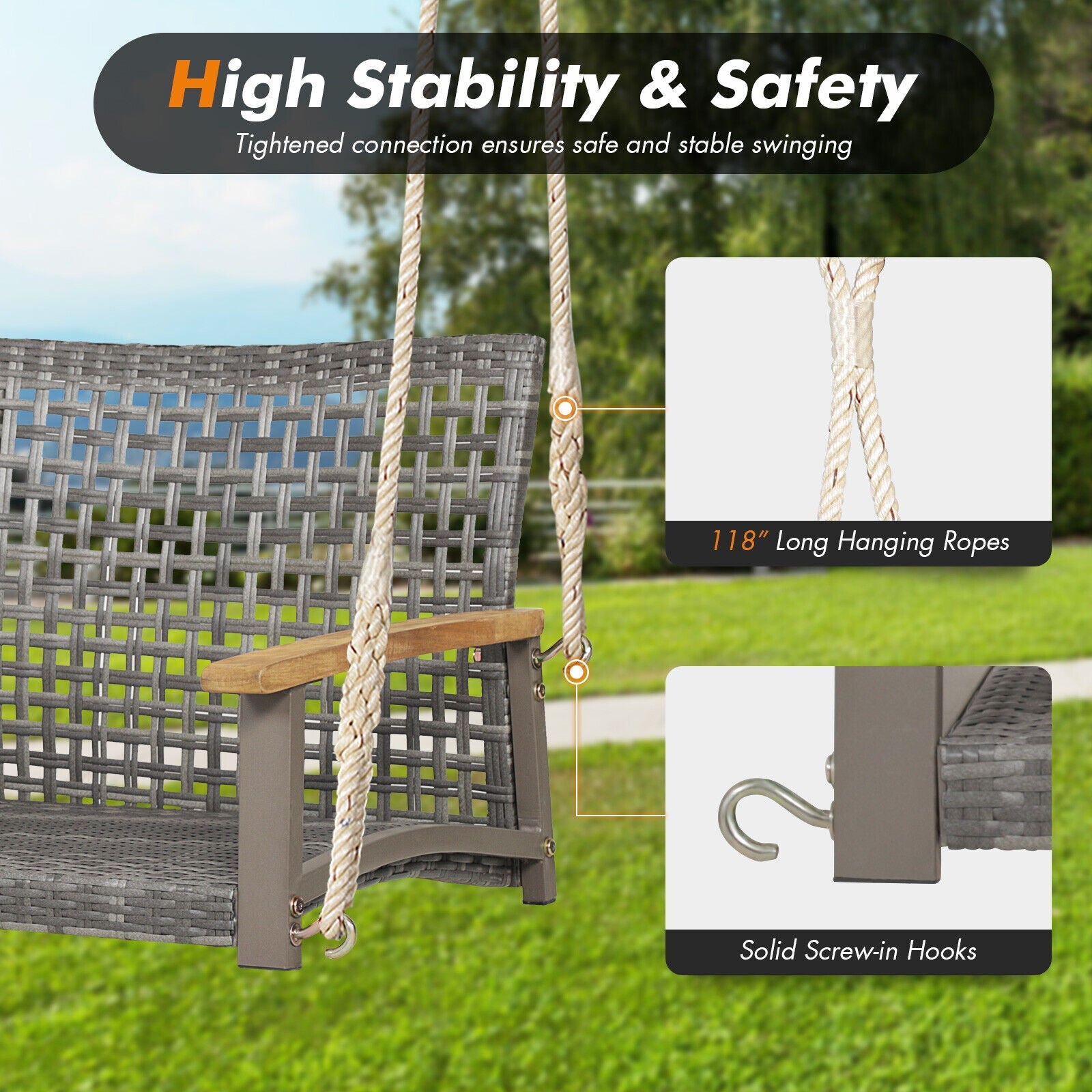 2-Person Patio Wicker Hanging Swing Chair - Black
